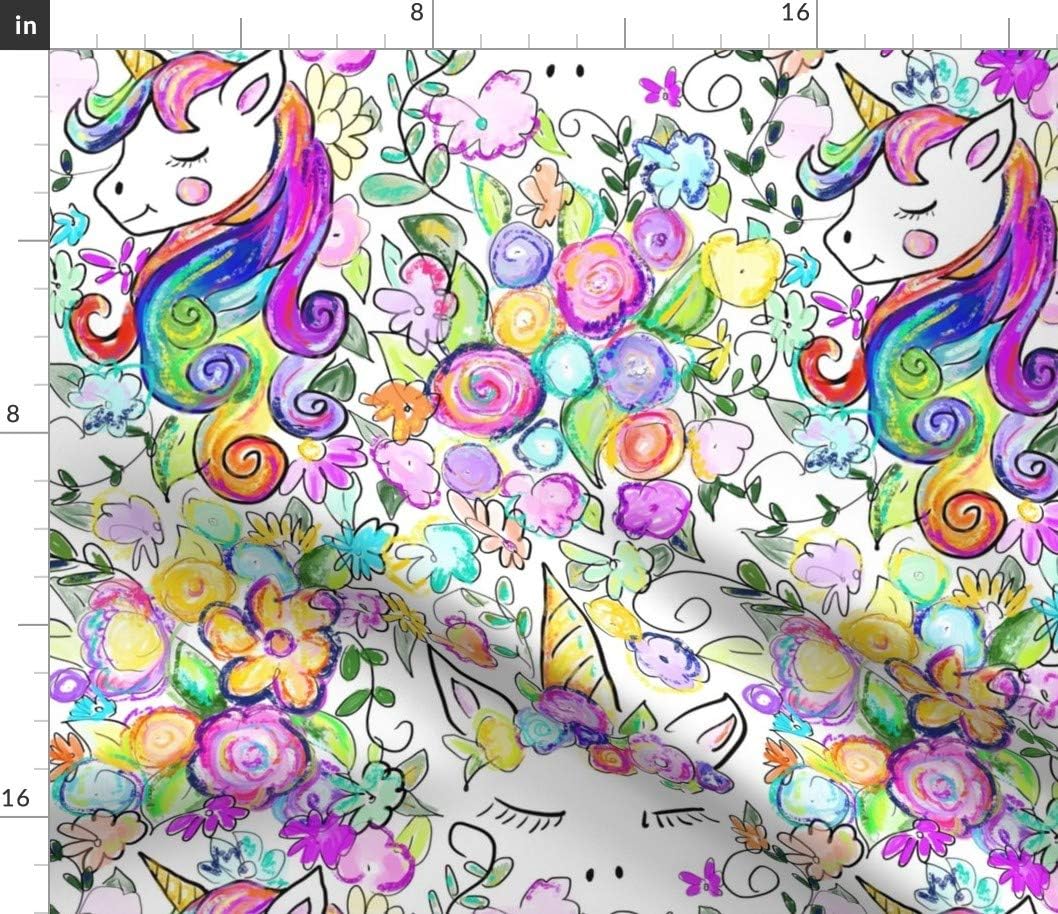 Spoonflower Fabric - Rainbow Unicorns Flowers Unicorn Print Colorful Girls Room Drawing Printed on Petal Signature Cotton Fabric by The Yard - Sewing Quilting Apparel Crafts Decor