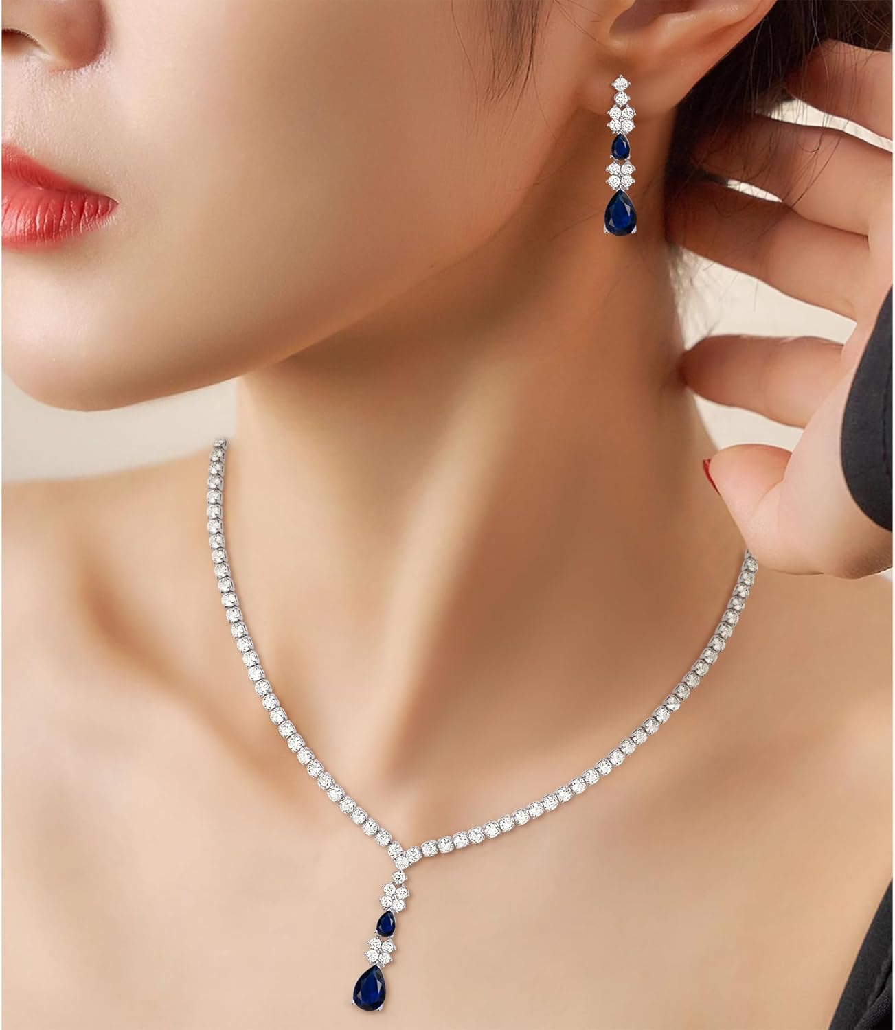 EleQueen Wedding Cubic Zirconia Pendant Necklace Teardrop Dangle Earrings Set for Women, Bridal CZ Jewelry Set Gift for Bride Bridesmaid
