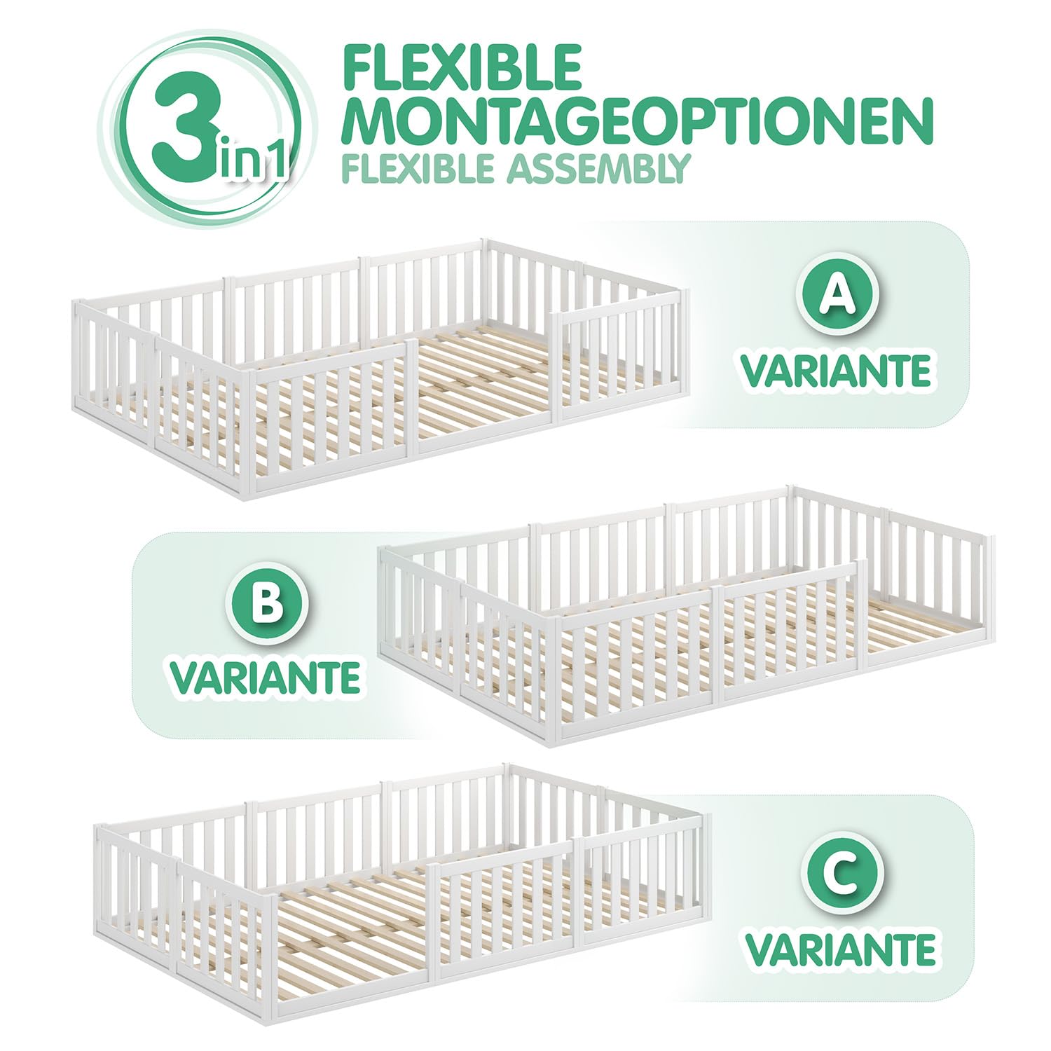 CADANI Letto Montessori TESO 120x200 – 200 kg portata, ingresso regolabile, rete arrotolabile, letto-bambini bianco