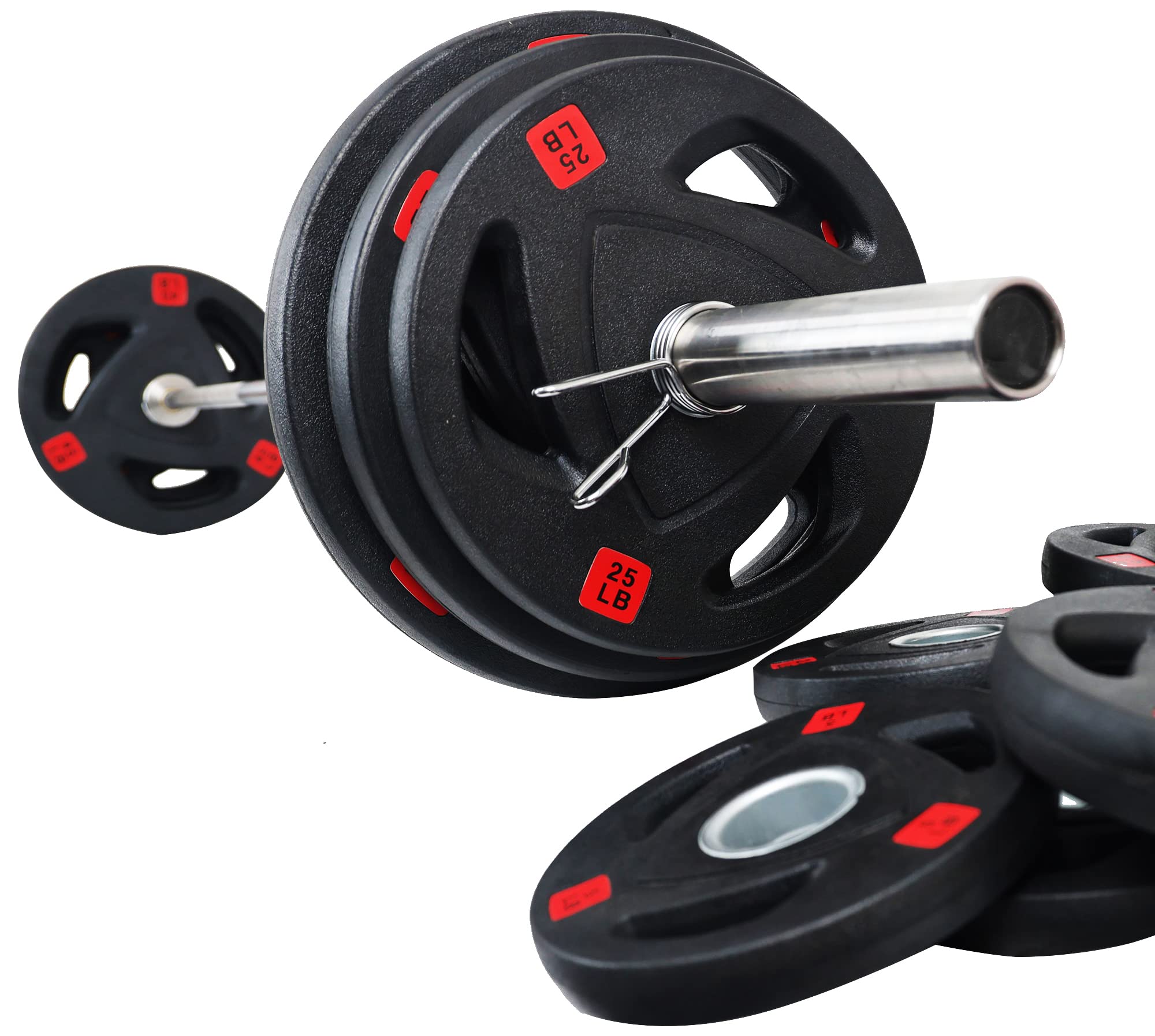 Photo 1 of Signature Fitness Cast Iron Olympic 2-Inch Weight Plates Including 7FT Olympic Barbell, 130-Pound, 300-Pound or 325-Pound Set, Multiple Packages 300LB Set with Barbell Style #6