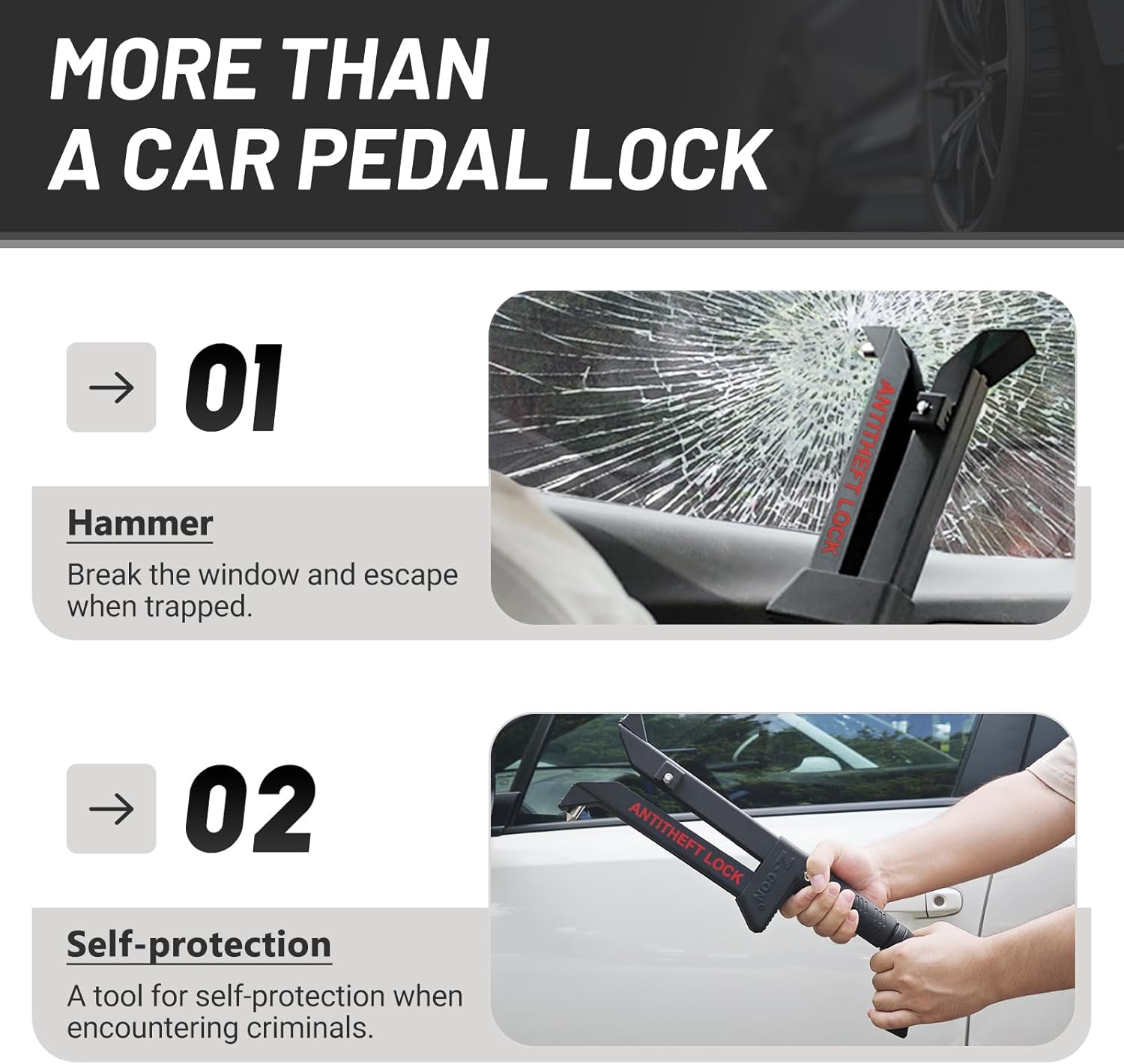 Brake Pedal Lock, Anti Theft Car Device, Brake or Clutch Pedal Deadbolt Lock, Vehicle Anti Theft System with Steering Wheel Sunshade for Cars, Trucks, SUV's, Van Security with 3 Keys