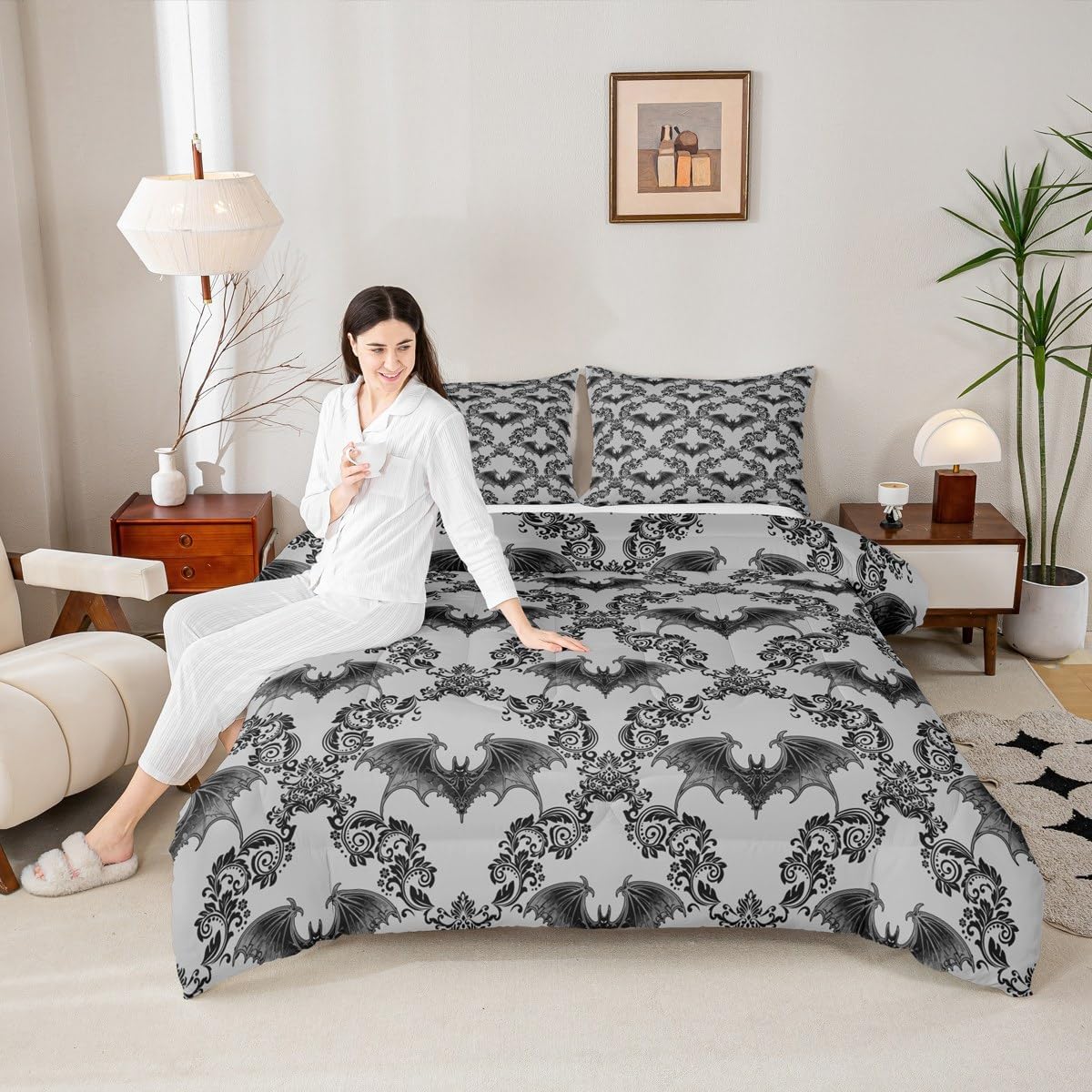 jejeloiu Adults Black Bat Comforter Set Toddler Vintage Boho Damask Floral Baroque Style Bedding Set for Boys Girls Teens Halloween Theme Duvet Quilt Room Decor