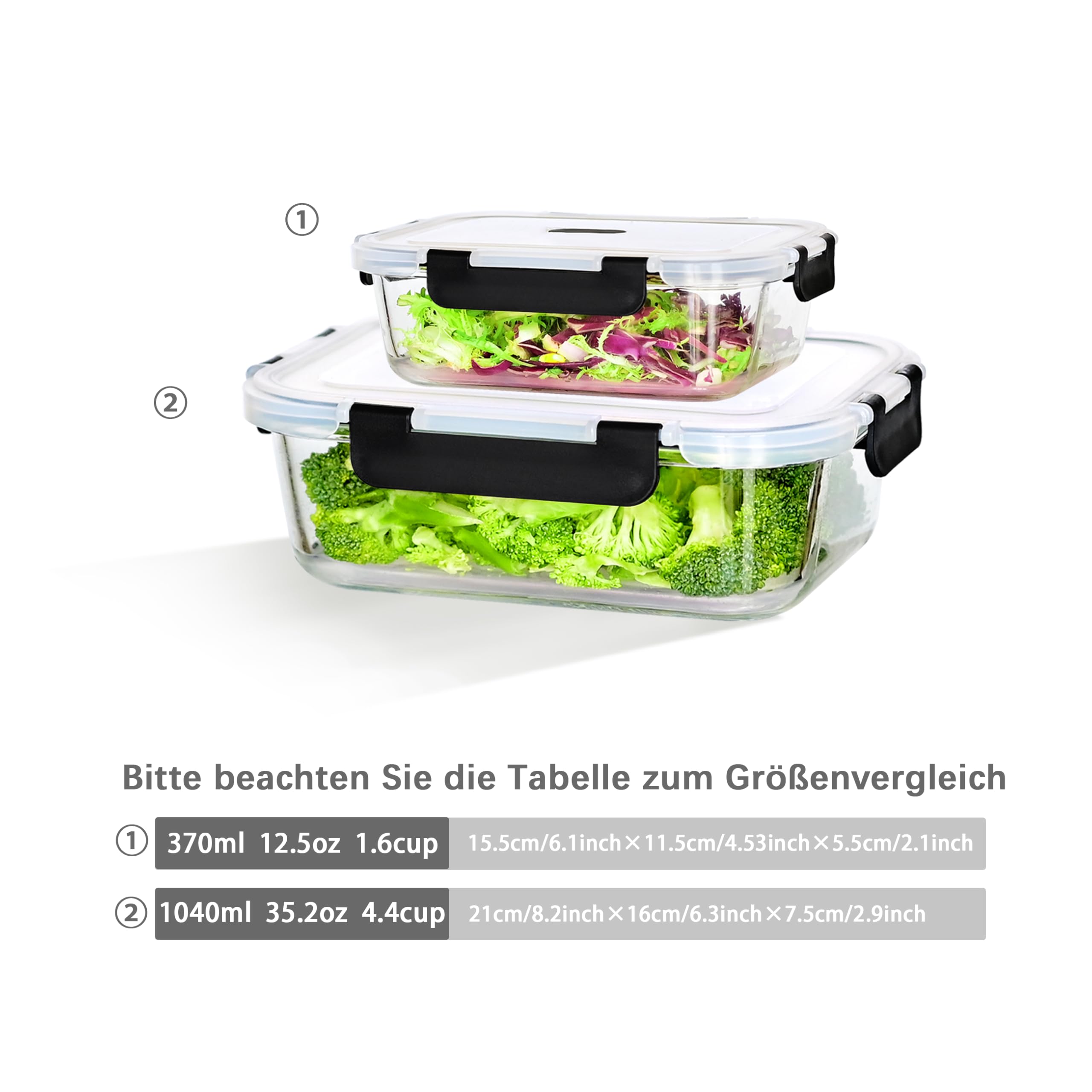 ERUIV Fiambreras de cristal con tapa, 2 recipientes de cristal de 640 ml, recipiente de cristal transparente con tapa, apto para microondas y congelador, a prueba de fugas, sin BPA, transparente, sin