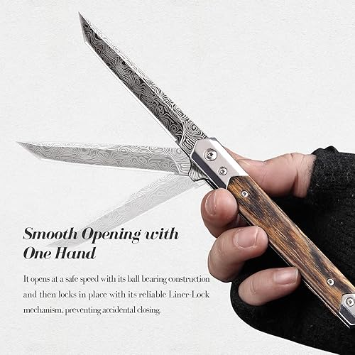 Miniatura 3 de Tops Home EDC - Cuchillo de bolsillo para hombre, cuchillos plegables delgados con funda, hoja Tú, mango de madera, cuchillo de caballero de perfil