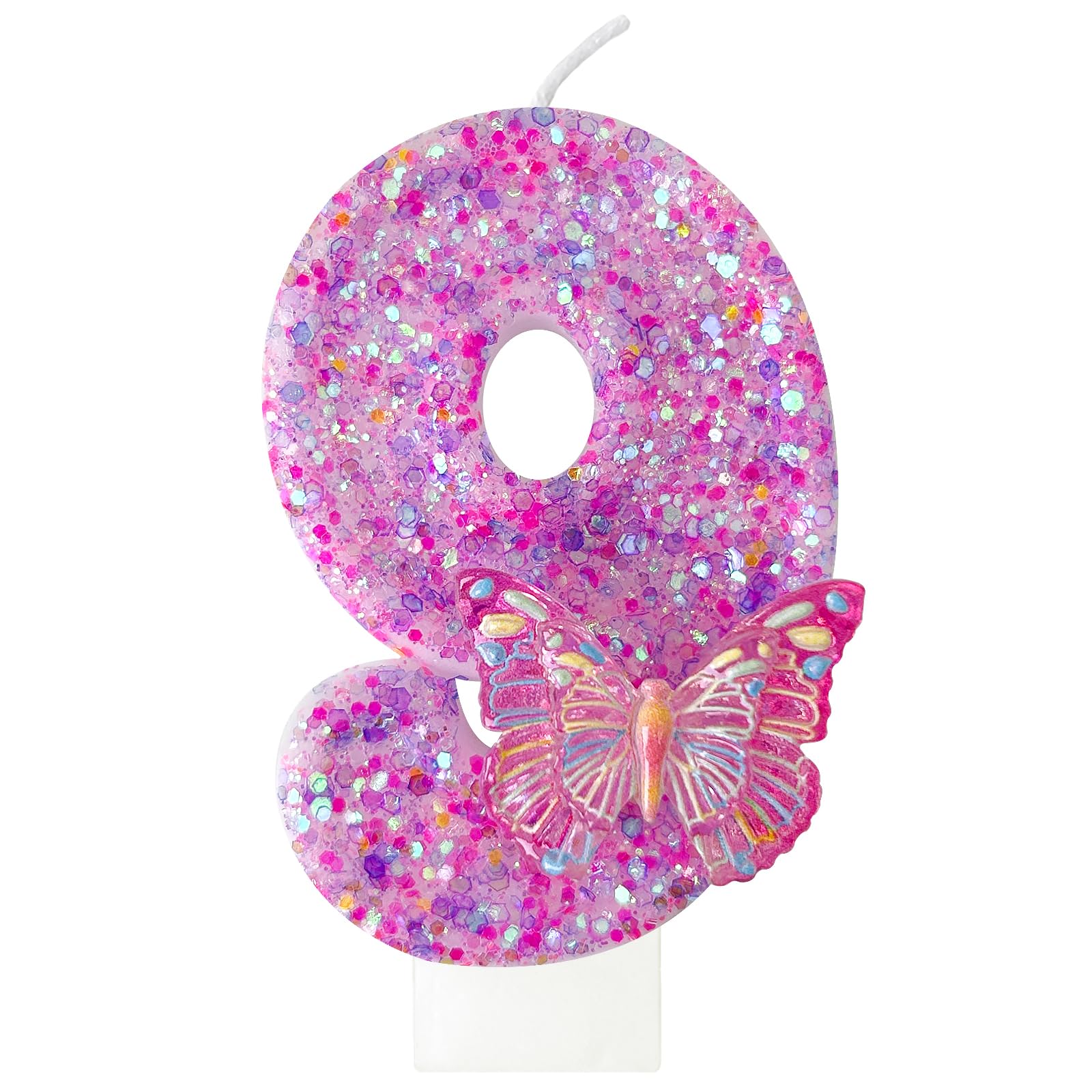 Zlongron Number 9 Candle, Pink Butterfly with Sequins Birthday Cake Candle, Butterfly Decorations for Birthday, Suitable for Girls' Birthdays, Parties