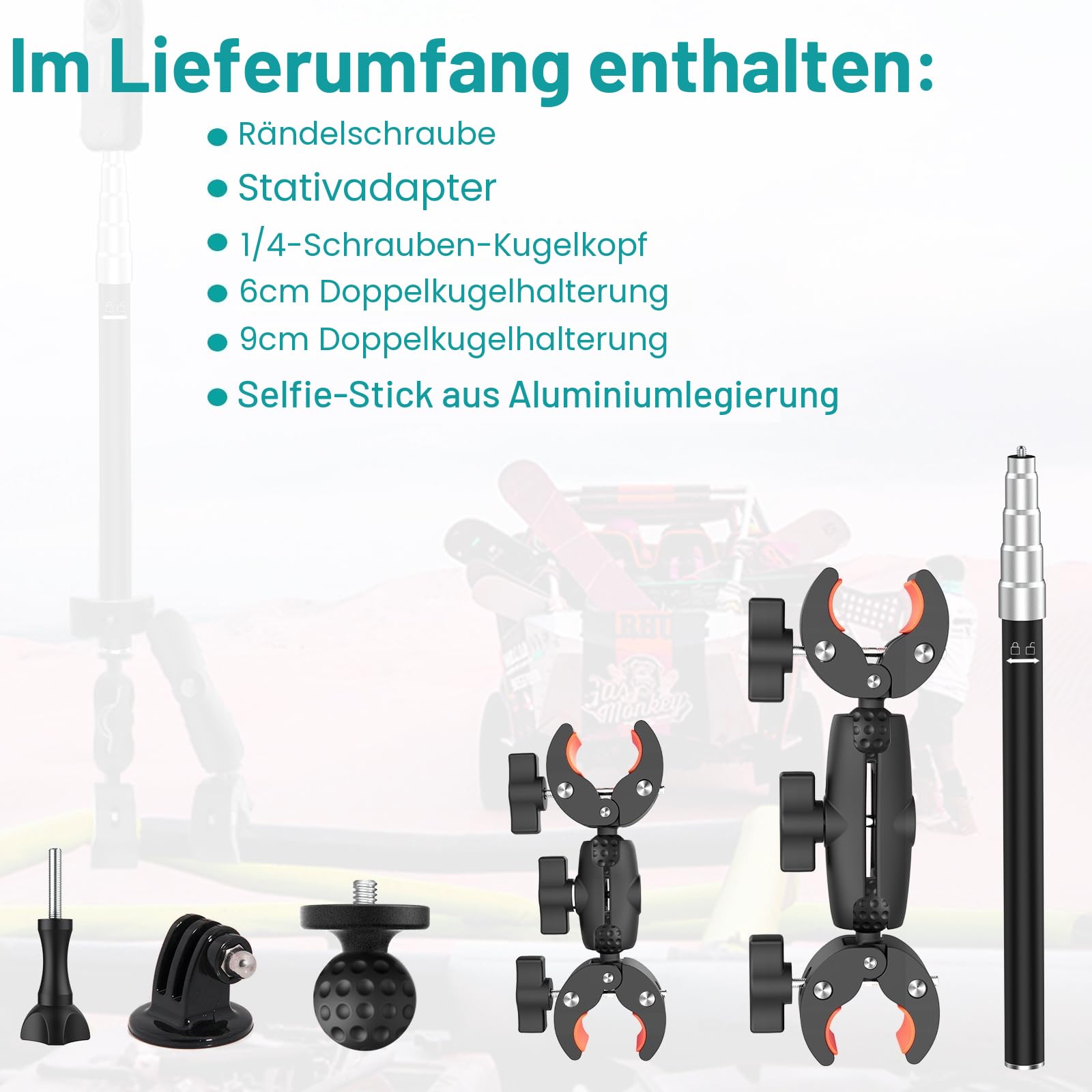 UNSTINCER Action Kamera Halterung für Gopro Insta360 DJI, mit Selfie Stick | Motorrad Fahrrad Bike Motorcycle Rennrad ATV MTB Lenker Camera Klemme Mount, Doppelklemme Third Person Halter, Double Clamp