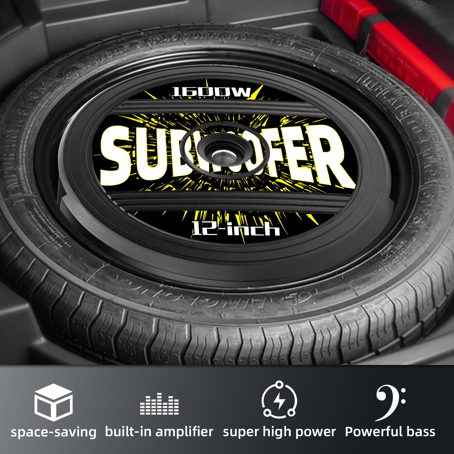 Subwoofer attivo da 30,5 cm, potenza 1600 W, subwoofer per auto Plug & Play con telecomando, appositamente progettato per pneumatici di scorta, amplificatore audio per bassi profondi, facile