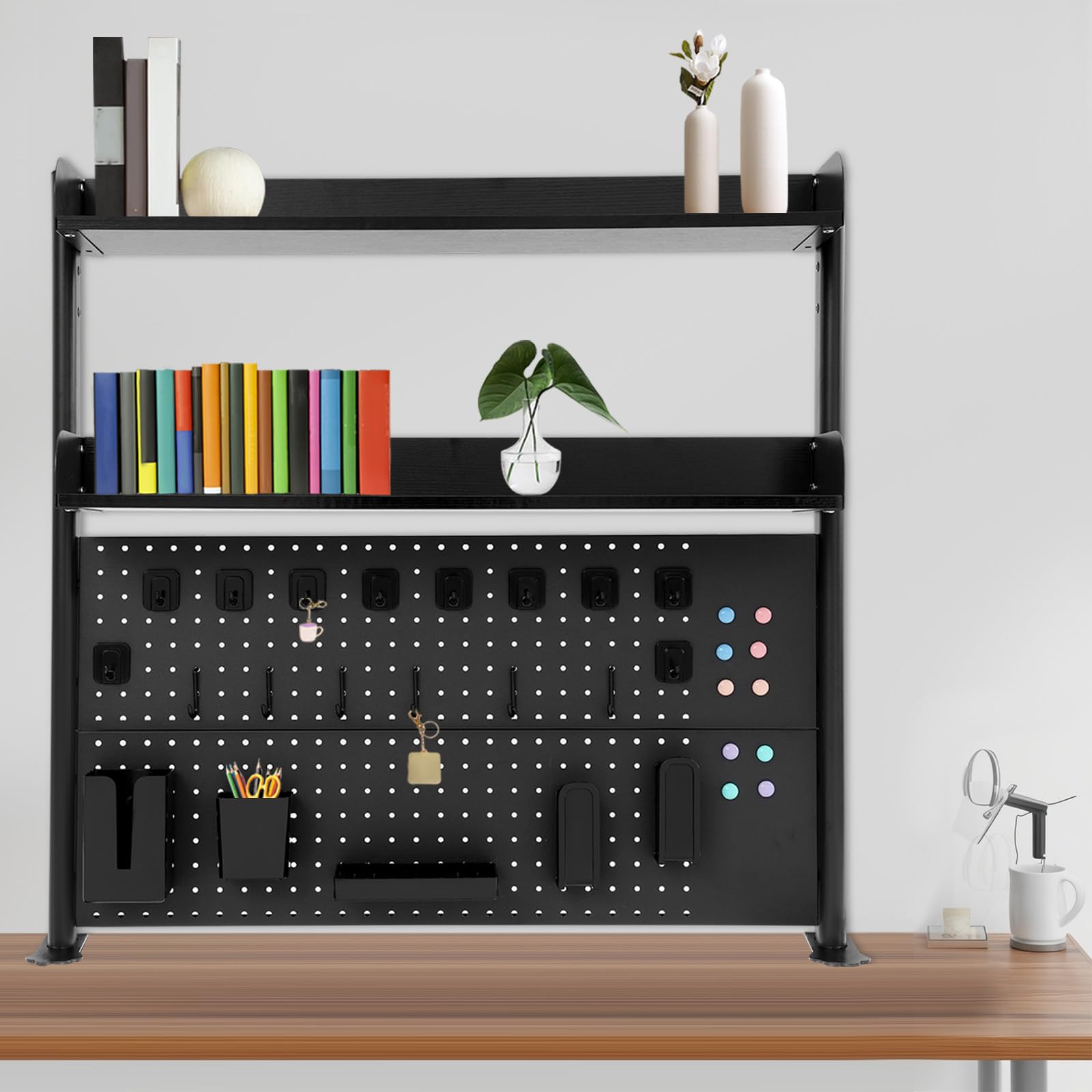 Estante de Escritorio 3 Niveles con Barreras Anticaídas, Organizador de Mesa para Libros y Papelería con Abrazadera Ajustable, Soporte para Oficina y Estudio, Negro