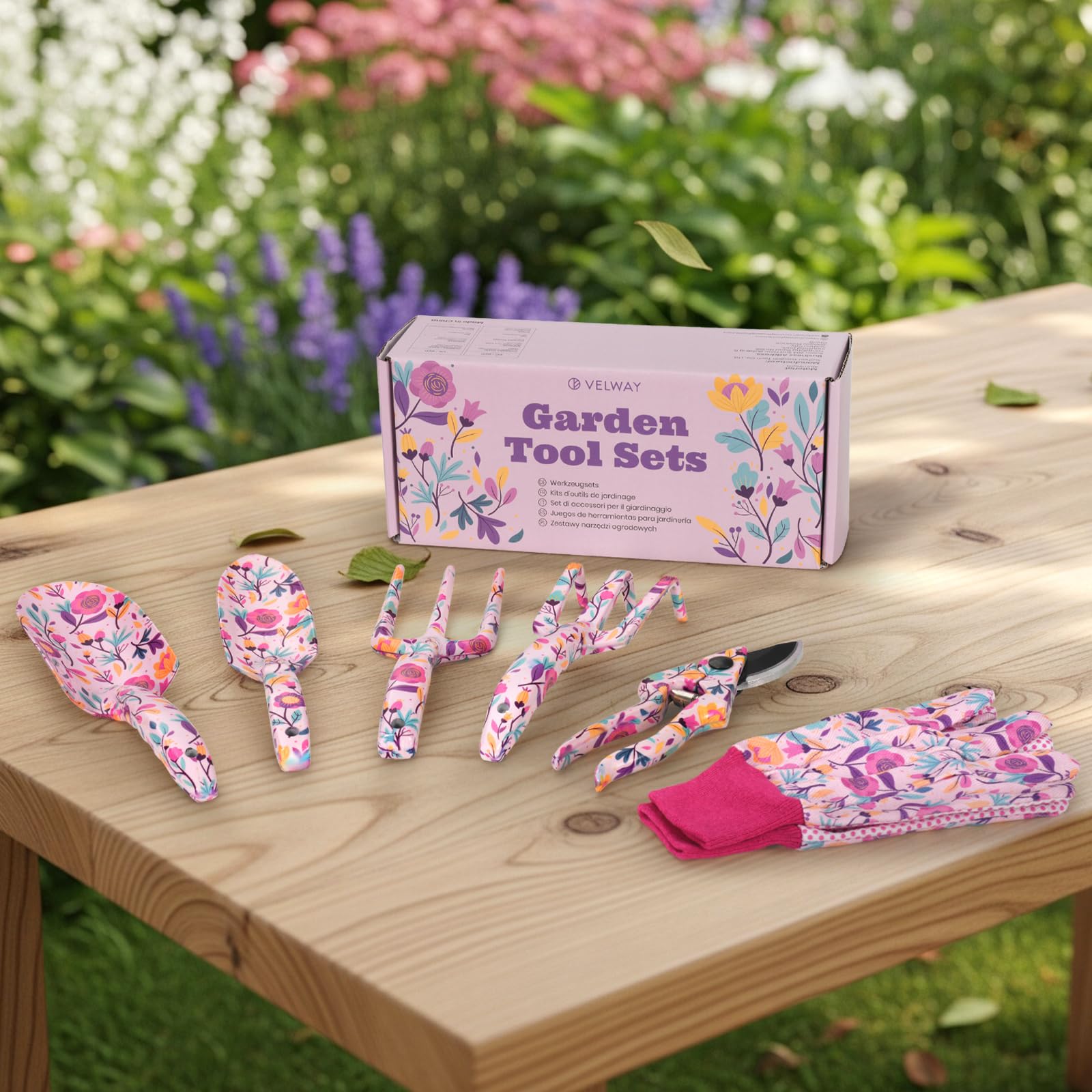 Velway Gartenwerkzeug Set 7-TLG – Gartengeräte mit Blumenmuster & Geschenkbox, inkl. Handschuhe, Schaufel, Schere, ideales Gartengeschenk für Damen, Muttertag, Geburtstag, Weihnachten