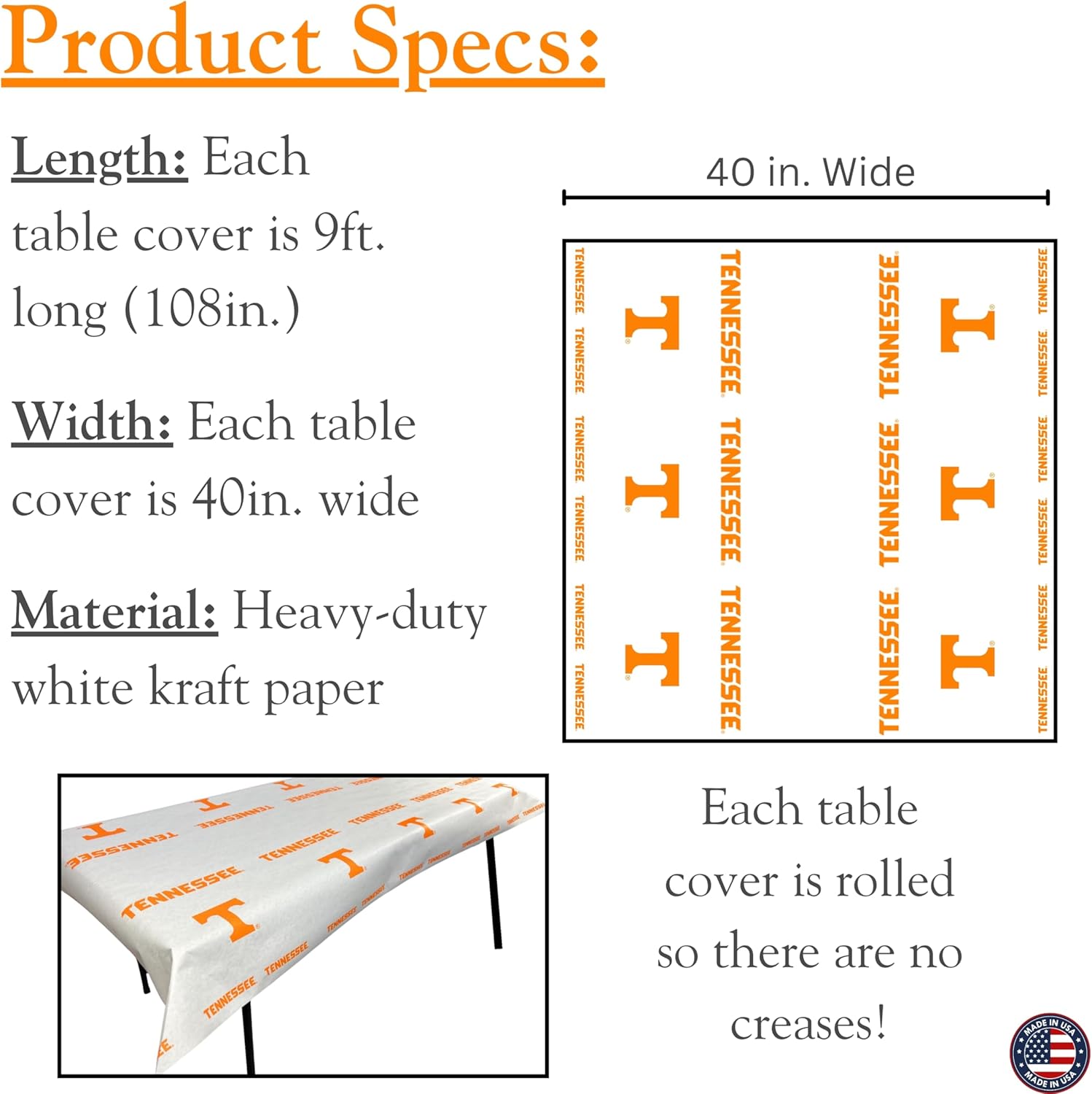 N F String & Son NCAA University of Tennessee Paper Table Covers, 4-Pack, 40" x 9 ft, White Kraft Paper, Officially Licensed (Volunteer Orange)