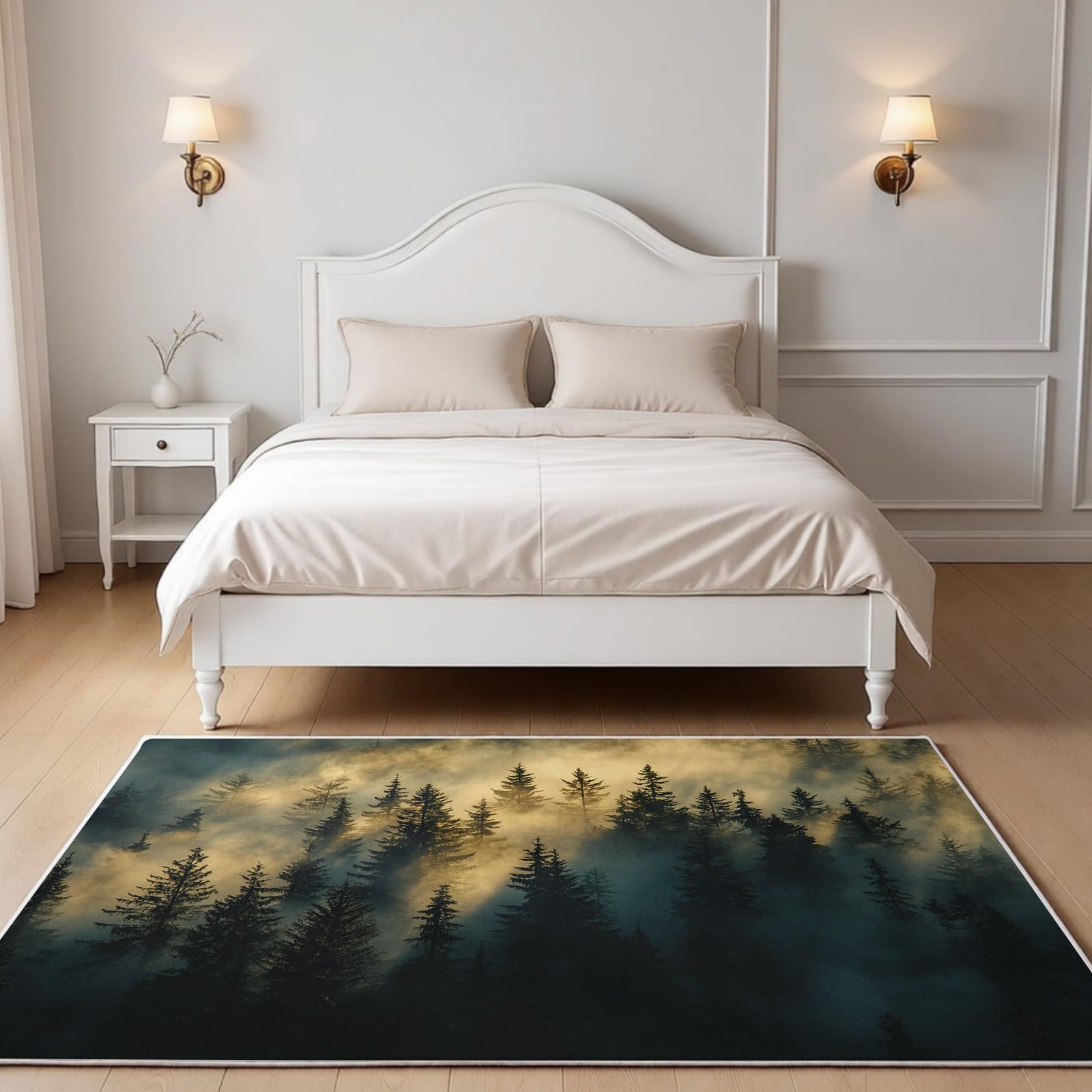 Alfombra Sala de Estar 140 x 200 cm Bosque brumoso Pelo Corto Suave y Antideslizante Verde Alfombra Dormitorio y Cocina