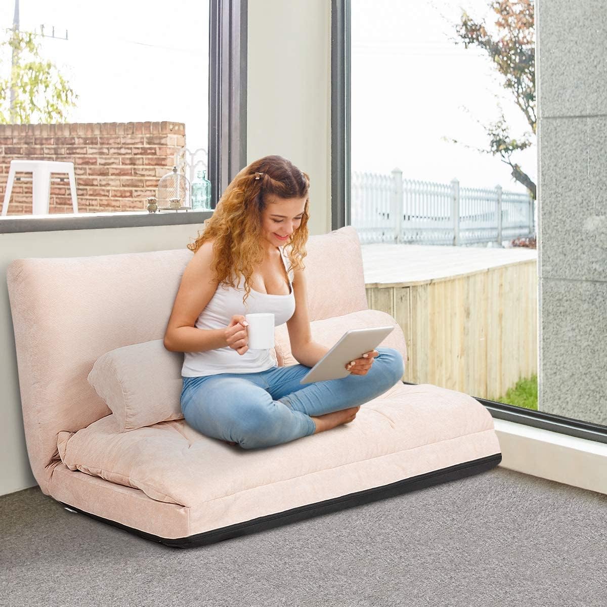 Folding Floor Sofa, 6-Level Adjustable Sofa Bed with Backrest, Floor Sleeping Chair with 2 Cushions, Padded Folding Sofa for Bedroom, Living Room (Beige)