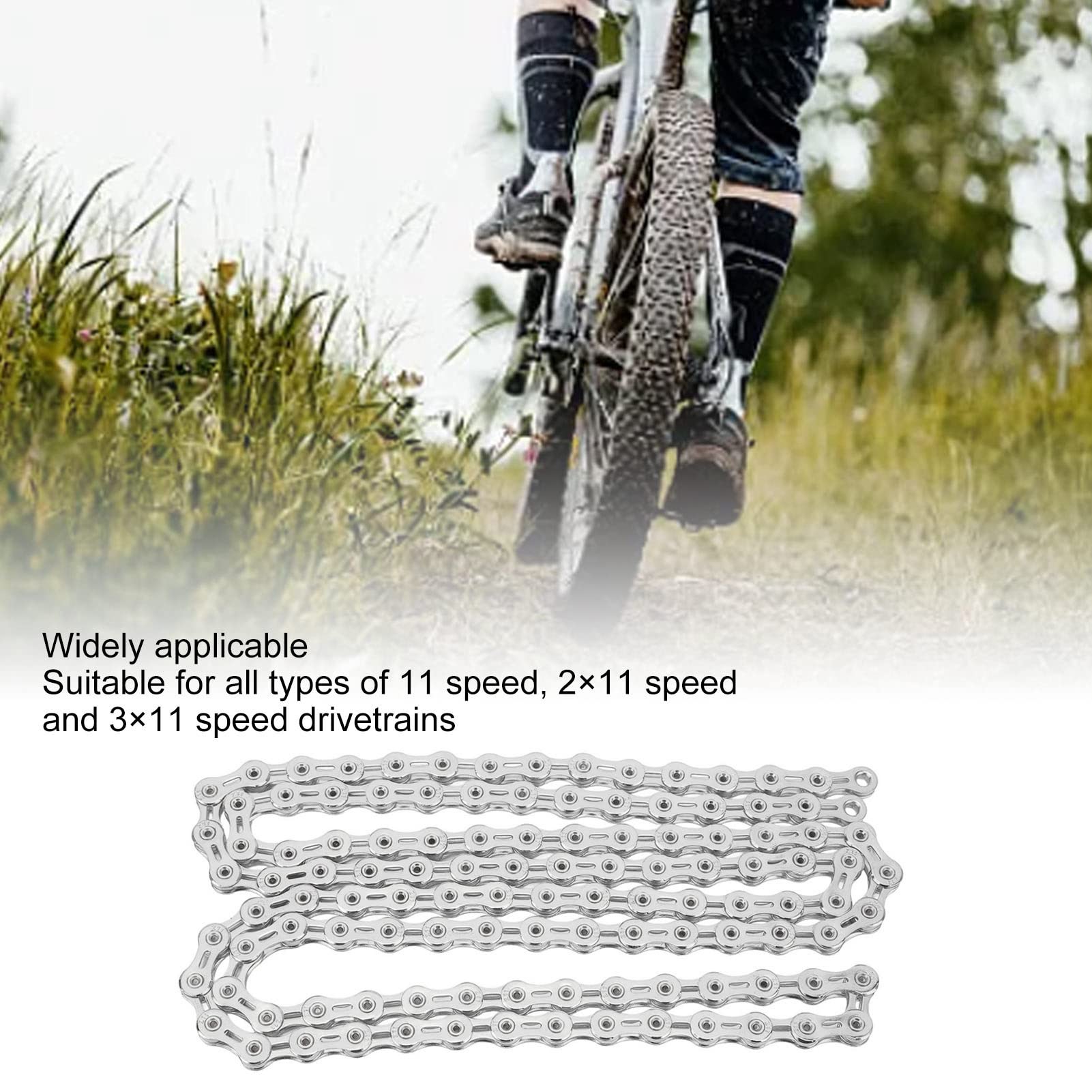 Cadena de bicicleta de acero de aleación hueca profesional para bicicleta de carretera de montaña de 11 velocidades (Silver)
