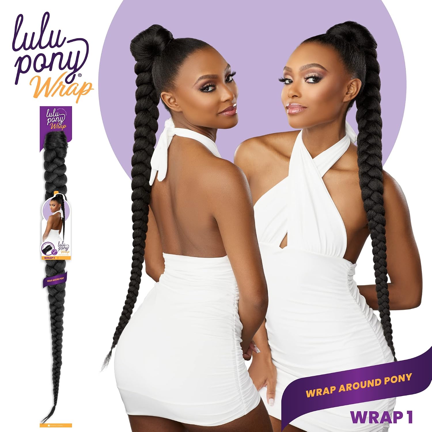 Sensationnel Lulu pony wrap hairextensions- 1 high heat synthetic yaki pony tail or up do hair wig piece (1B OFFBLACK)