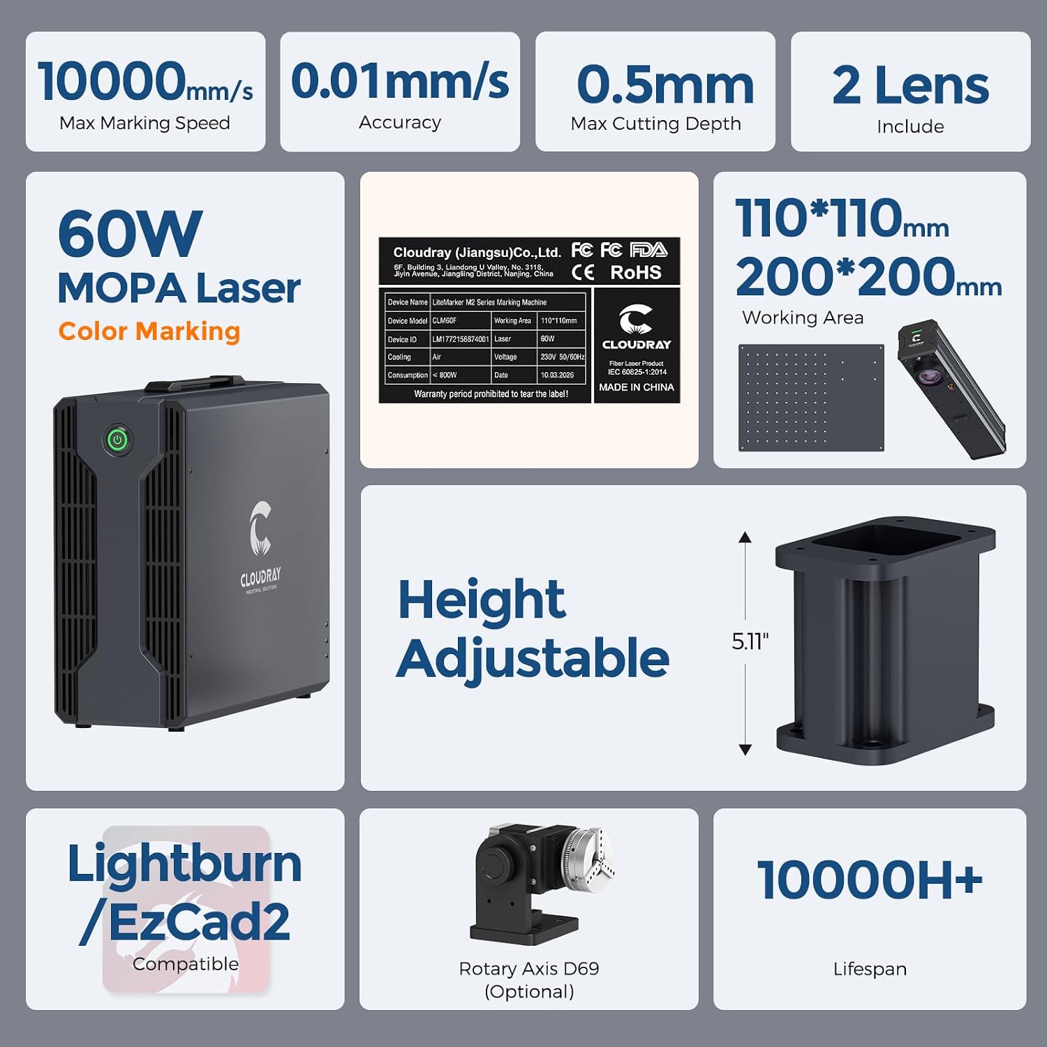 Cloudray 60W JPT MOPA Fiber Laser Engraver, Color Marking, Metal Engraving with 2 F-Theta Lenses, 110x110mm, Laser Engraving Machine, 60,000mW, Class 2, Model CLM60F