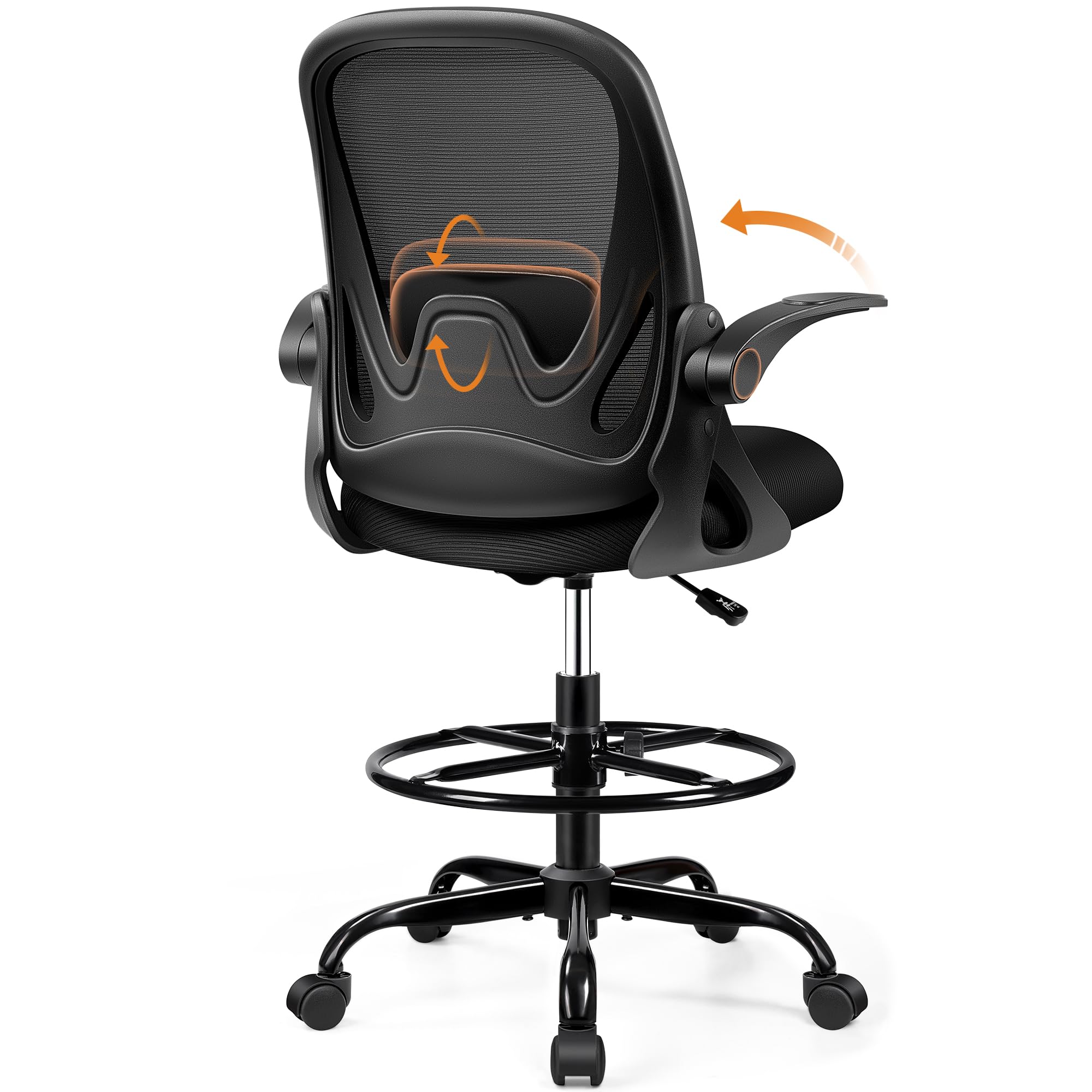 Drafting Chair Tall Office Chair with Flip-up Armrests, Adjustable Height, and Enhanced Lumbar Support - Ergonomic Rolling Stool, Back Support, and Adjustable Foot Rest Ring for Standing Desk Black