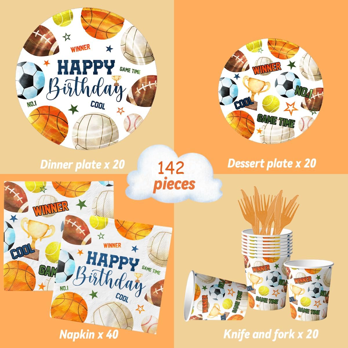 142pcs Sports Birthday Party Decorations Sports Theme Plates and Napkins Kit All Star Basketball Football Baseball Soccer Tableware for Boys Birthday Party Supplies - Image 2