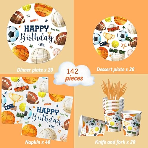 Miniatura 2 de Juego de 142 platos y servilletas para decoración de fiesta de cumpleaños deportivas, juego de platos y servilletas All Star Baloncesto, Fútbol,