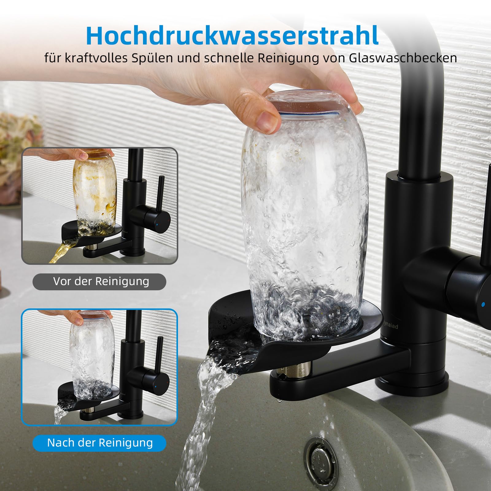 Robinet de Cuisine Noir Mynaiad Avec Lave-Verres, Mitigeur Monocommand Extractible à Trois Modes de Sortie, Mitigeur Cuisine en Acier Inoxydable 304, Rotation 360° pour Salle de Bain, Bars et Cuisine - 3