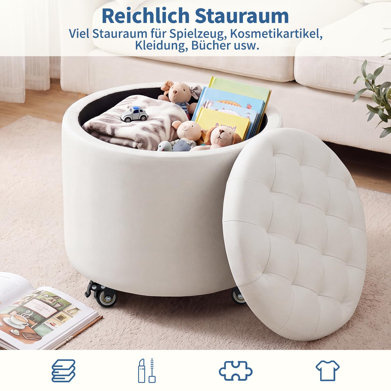 Hocker mit Rollen, 48cm Runder Fußhocker mit Stauraum, Knopfgeheftete Sitzhocker Schminkhocker mit Abnehmbarem Deckel für Wohnzimmer, Schlafzimmer, Esszimmer, PU, Elfenbeinweiß