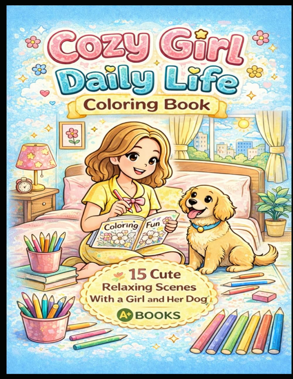 Cozy Girl Daily Life Coloring Book: 15 Cute Relaxing Scenes With a Girl and Her Dog