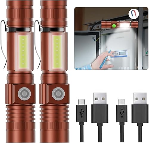 Miniatura 28 de Hoxida Linterna recargable por USB, linterna LED magnética, linterna táctica LED súper brillante con luz lateral de mazorca, impermeable, zoomable