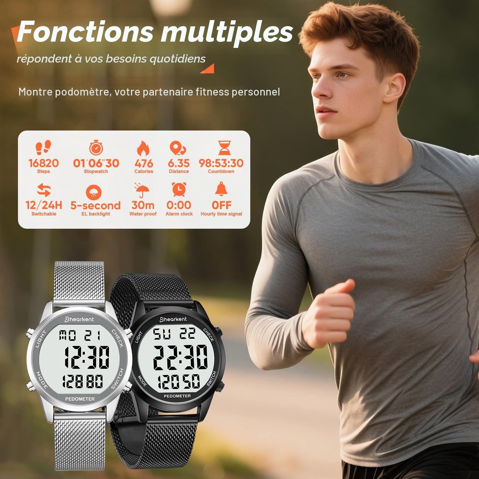 Hearkent Montre numérique étanche pour homme avec podomètre, alarme, calories, distance, alarme, compte à rebours, bracelet en acier inoxydable