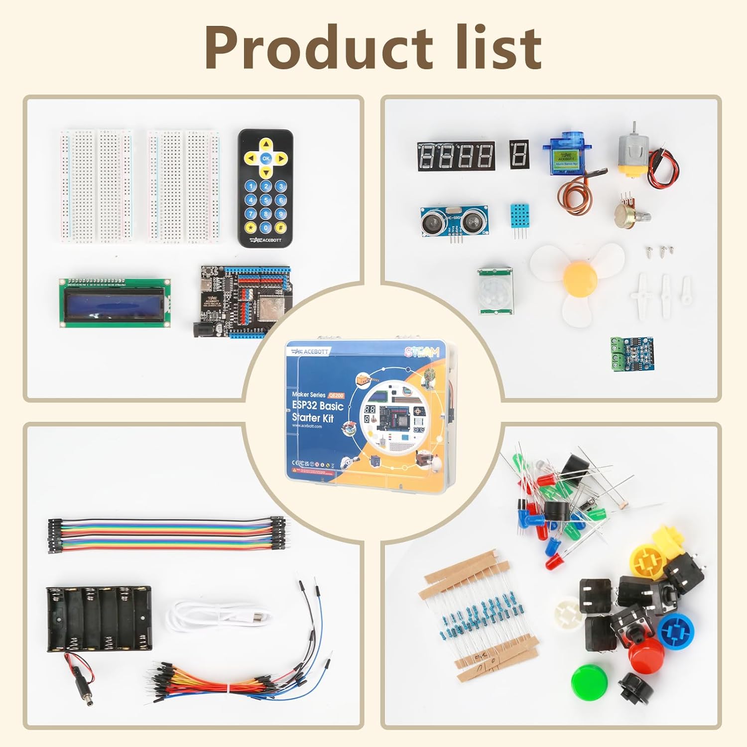 ACEBOTT Basic Starter Kit for ESP32, Total 96 Items, Electronics Starter Kit Compatible with Arduino & Scratch, Electronics Components Kit with Detailed Tutorial, Upgradeable Wooden Structures