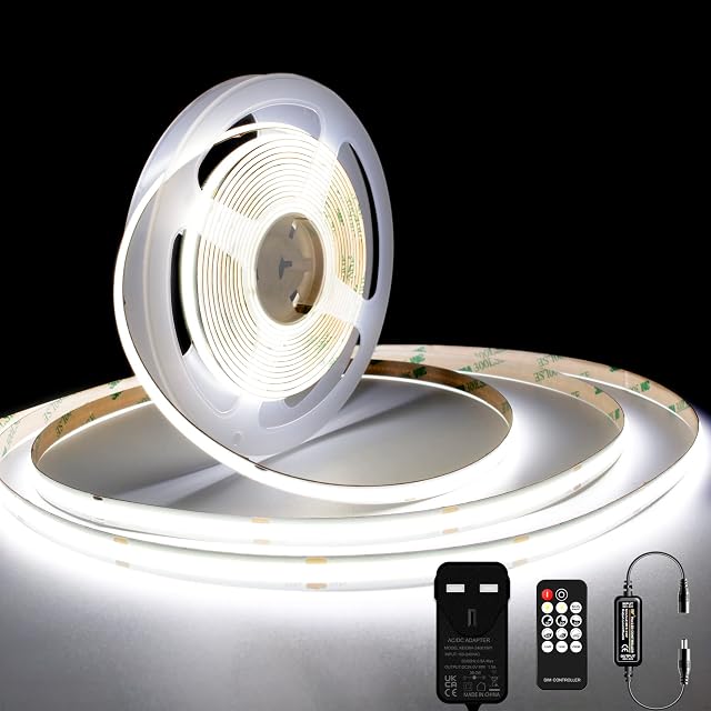 TTWAY COB LED Strip Lights 6000K Daylight White, 10m Dimmable LED Strip Kit, 2400 LEDs Super Bright 24V LED Tape Lights CRI90+ with RF Remote and UKCA Power Supply for DIY Home Decoration