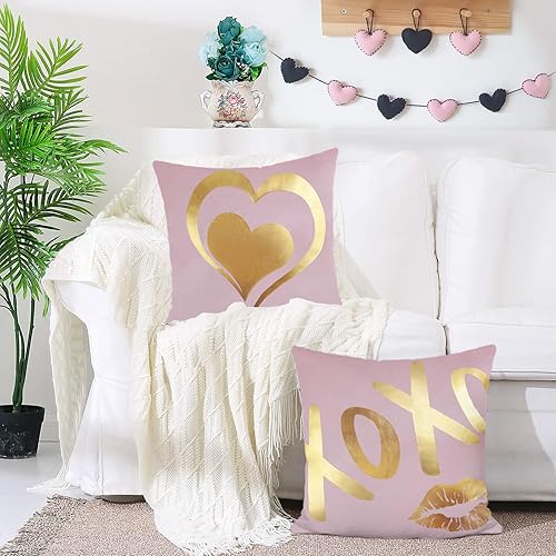 Miniatura 2 de Bonhause Juego de 2 fundas de almohada para el día de San Valentín de 18 x 18 pulgadas papel de aluminio dorado con forma de corazón XOXO y labios