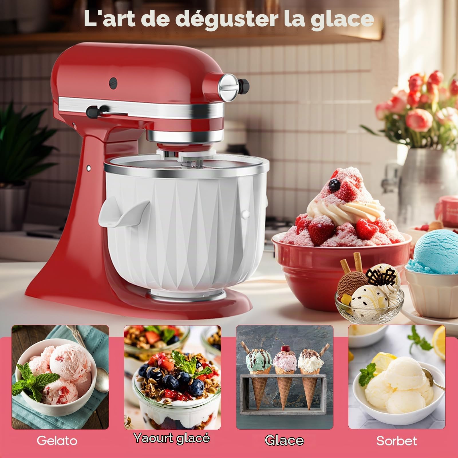 TPGSING Accessoire pour machine à glace pour KitchenAid Mixer, compatible Batteur sur pied ou inclinable de 4,5 Qt et plus, bol de yaourt glacé, gelato et sorbet de 2 QT pour Kitchenaid accessoires