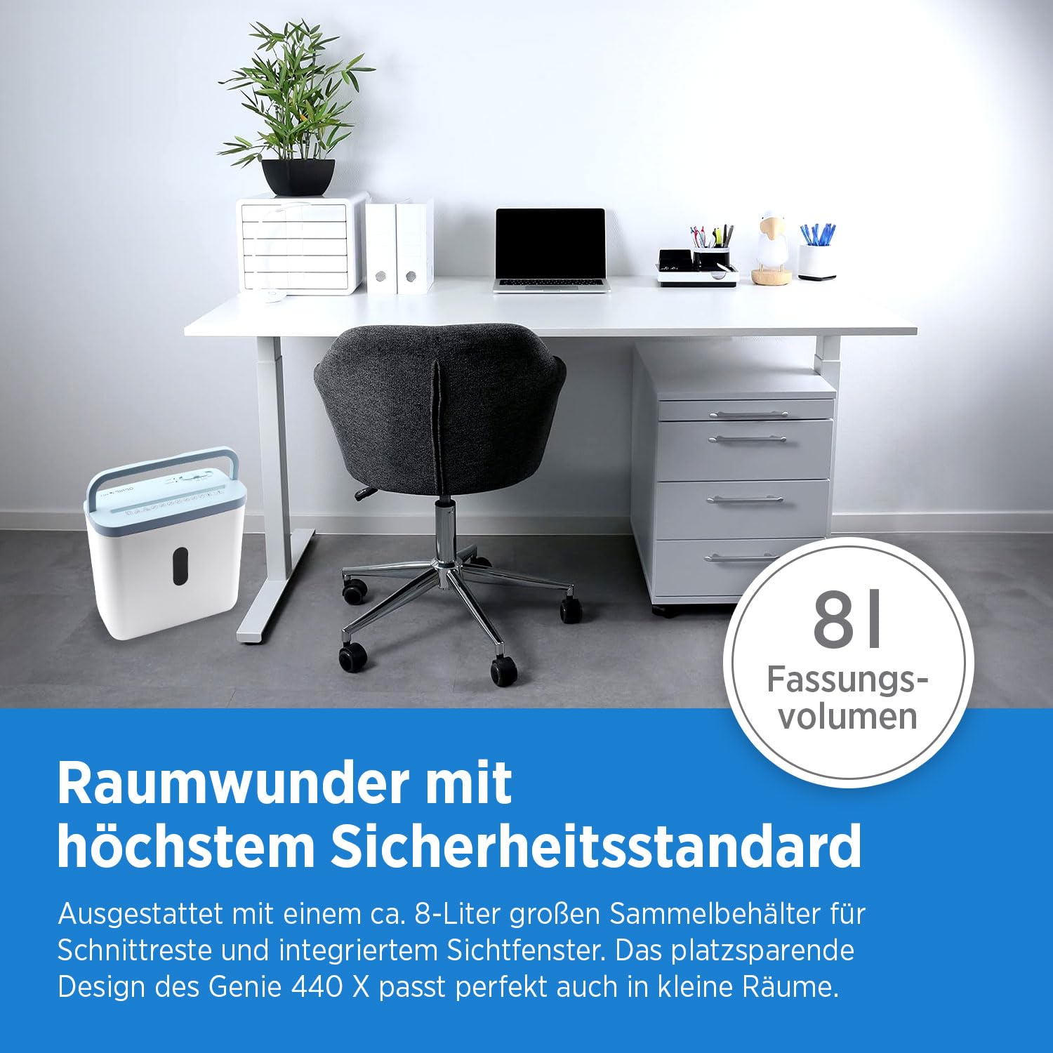 GENIE 440 X Aktenvernichter | Partikelschnitt 4x38 mm | Sicherheitsstufe P-4 | Leise 72 dB | Kompakt & Mobiler Shredder | Automatische Start-/Stopp-Funktion | Überhitzungsschutz Frbe weiß blau