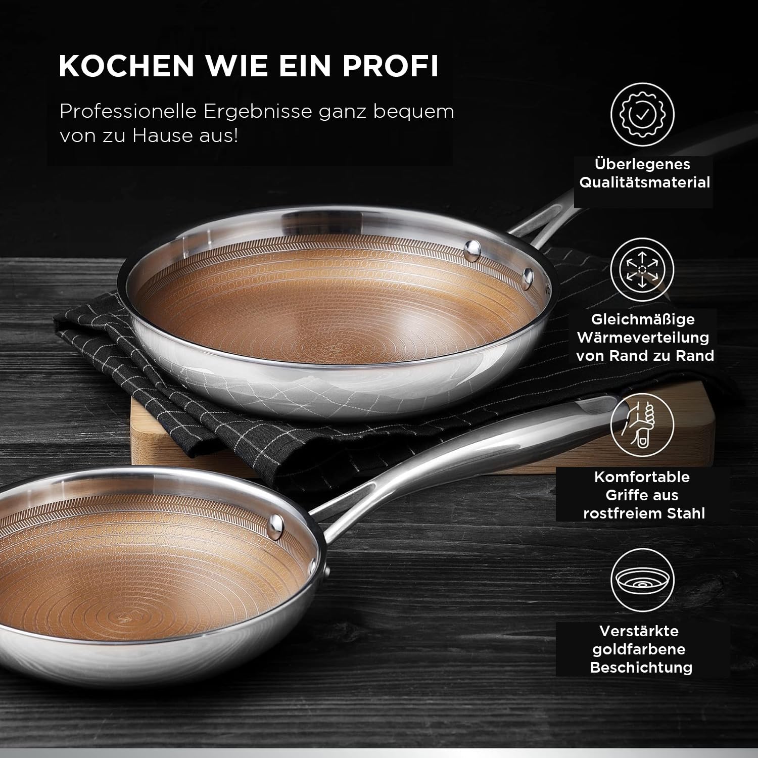 MasterPRO GIRO - 2-teiliges Hybrid Bratpfannenset (20cm & 24cm) - 3-lagig mit ILAG Antihaftbeschichtung - Kratzfeste Wabenstruktur - Induktion & Backofen - PFAS/PFOA/PTFE Frei - Edelstahlgriffe