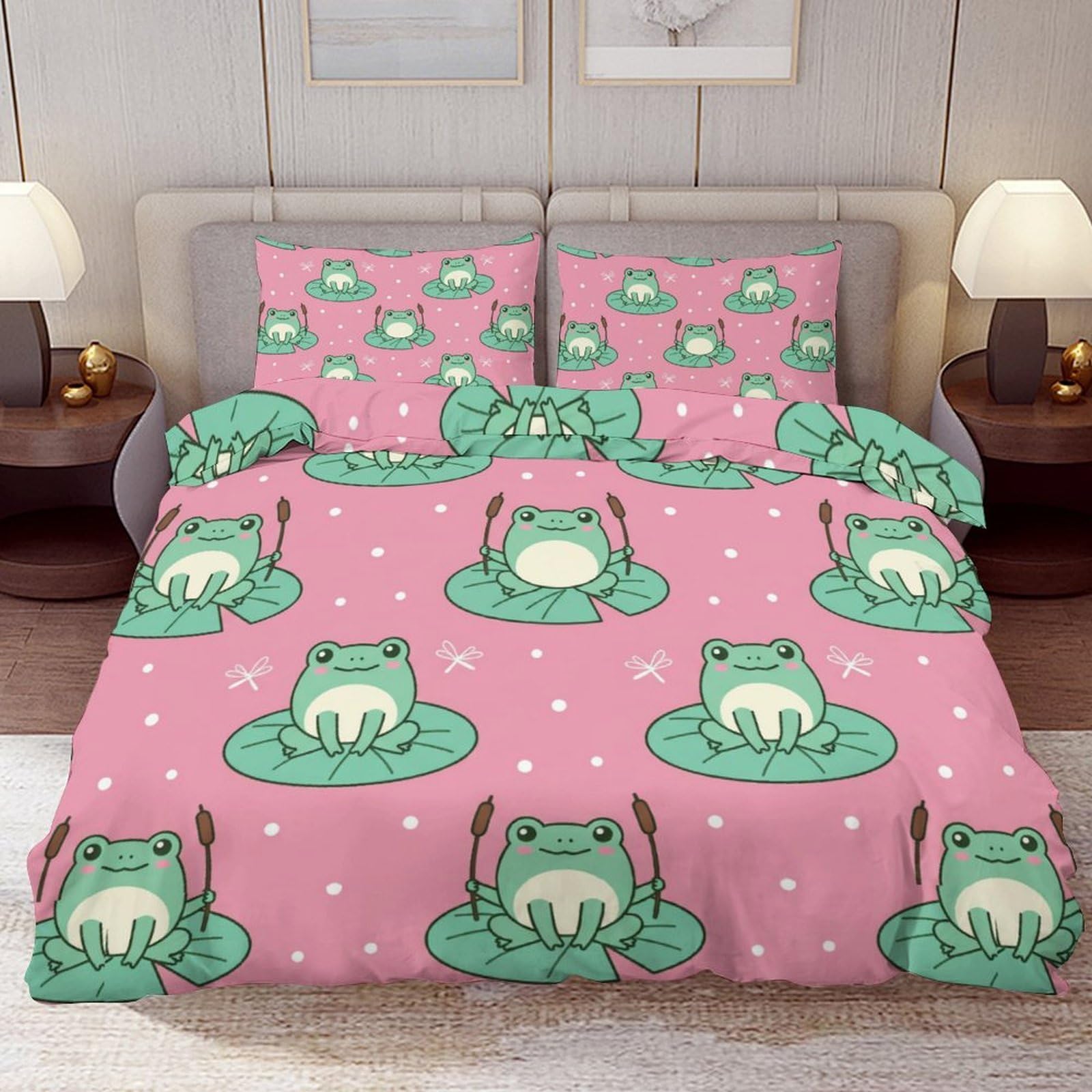 Delerain Comforter Cover Set King Size, Chubby Frog on Lily Pad 3-Piece Bedding Set for Women Men Modern Soft Microfiber Bedroom Set Room Decor, 1 Duvet Cover + 2 Pillowcases