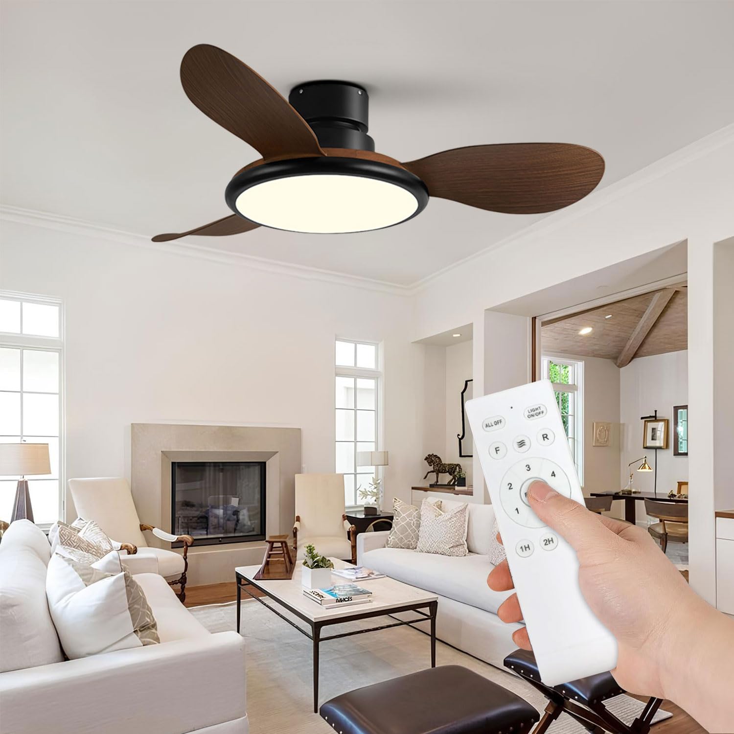 Moddeny Modern 36 inch Ceiling Fan With Lights with Remote, 3-Blade Low Profile Ceiling Fan With Light Black Imitation Wood Ceiling Fans for Bedroom Living room Kitchen