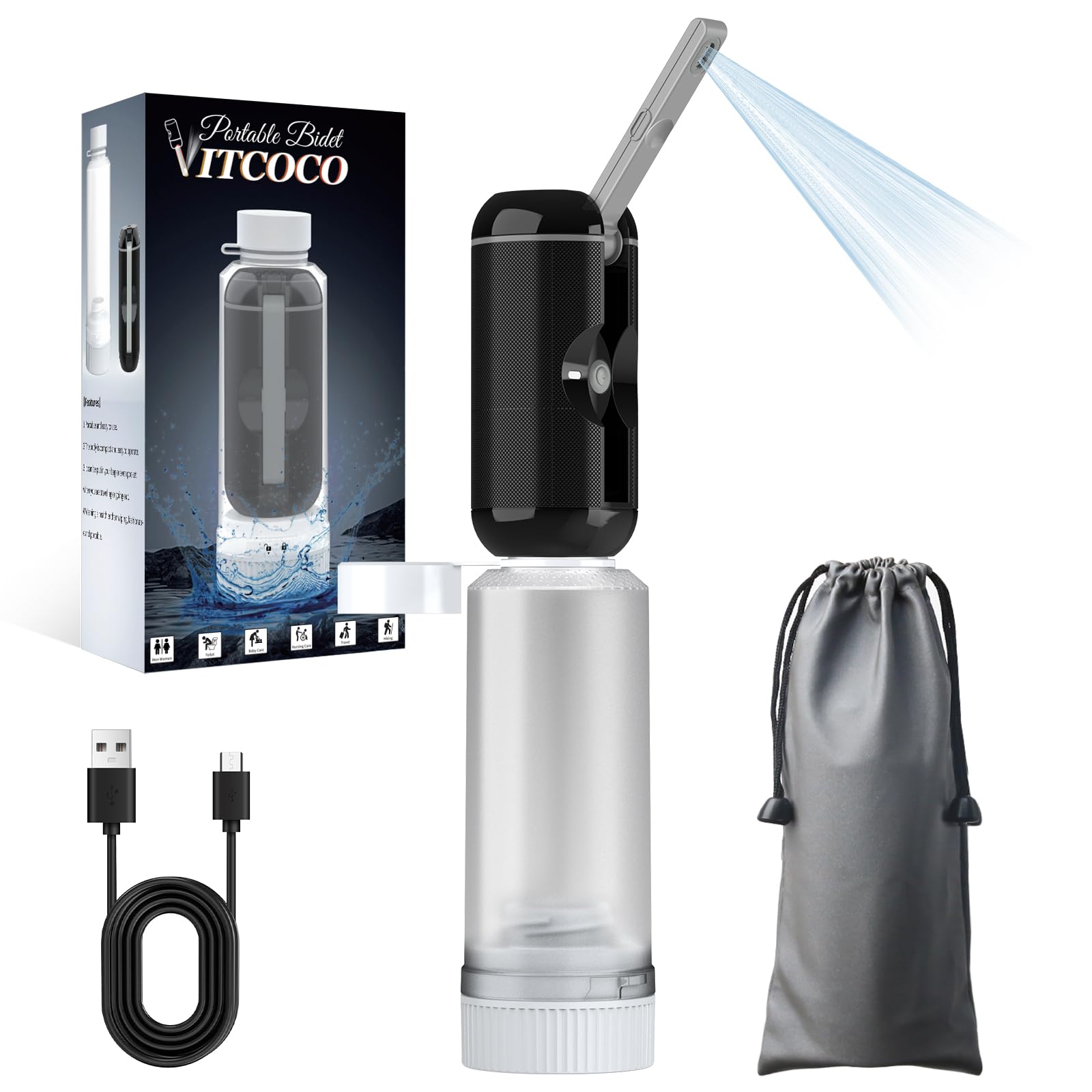 VITCOCO Portable Bidet, Rechargeable Mini Handheld Personal Travel Bidet, 2 Pressure Modes Electric Toilet Sprayer for Personal Hygiene Clean, Baby Wash, Soothing Postpartum Care, Hemmoroid Treatment