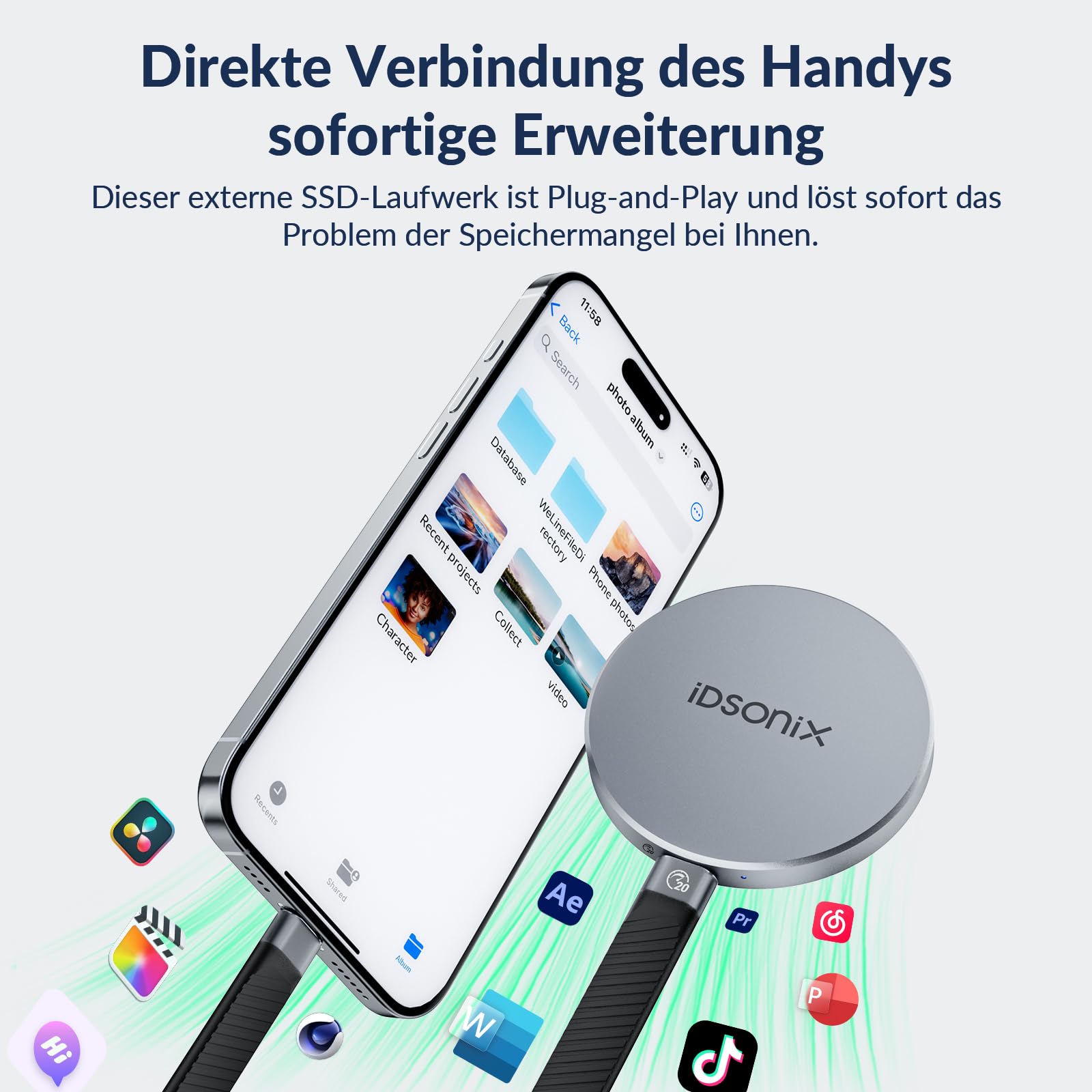 iDsonix 2TB Magnetische Externe SSD, bis zu 2000 MB/s, Aluminium Portable SSD USB 3.2 Gen 2x2, 4K Prore HDR, Externe Solid State Drive für iPhone 17/16/15/PS5/Android-Smartphones/Mac/Windows/Tablets