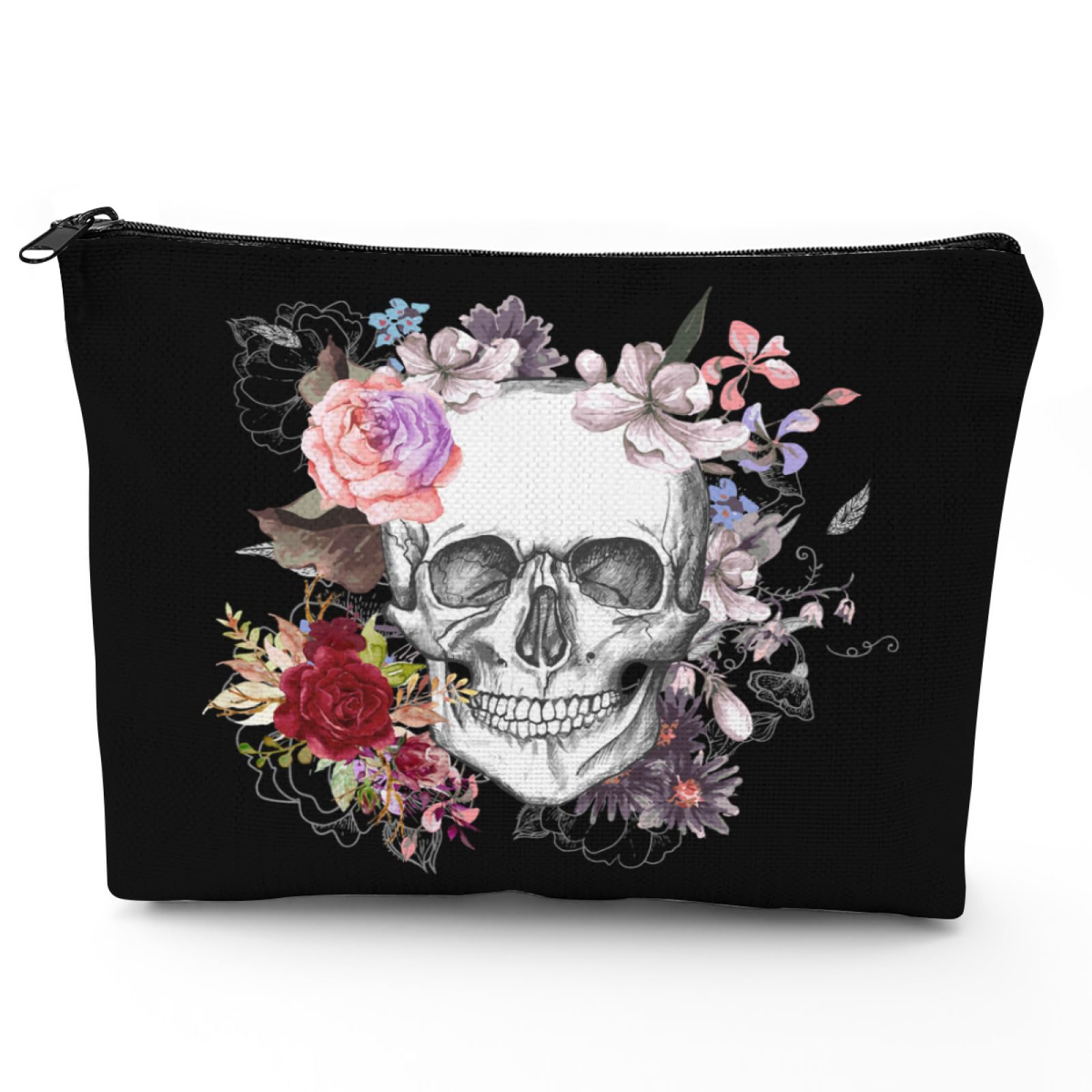 Halloween Skull Flowers Cosmetic Bags, Women Goth Floral Large Capacity Makeup Bag, Girl Gothic Skeleton Zipper Travel Bag