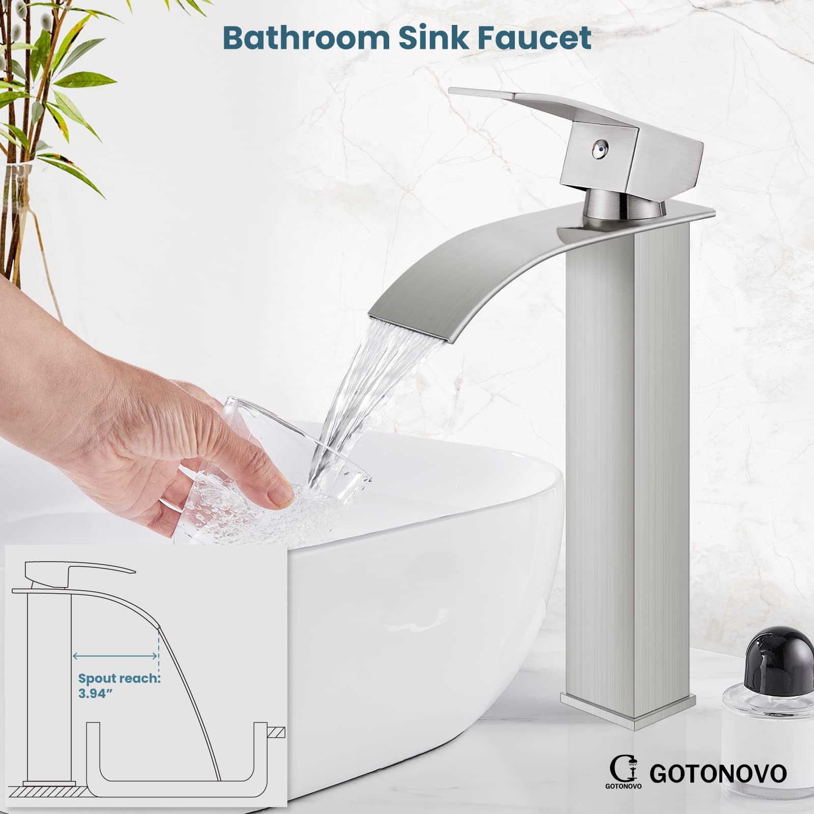 Condition photo showing As Is for brushed nickel vessel sink faucet deck mount bathroom stainless steel 304 bowl basin one hole one handle waterfall spout mixer tap with pop up drain