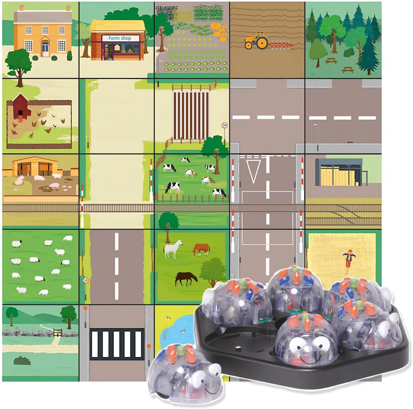 Basic Programming Pack: 6 Blue Bot Floor Robotics (Free Docking Station with USB Cable) with Country Side Activity Floor Mat - New See & Say Version