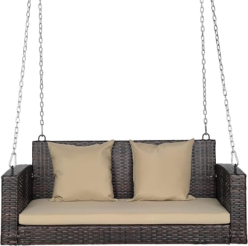 Outvita Banco colgante de porche para 2 personas, banco de mimbre para exteriores con cojín y almohada para patio, jardín, soporta hasta 800 libras