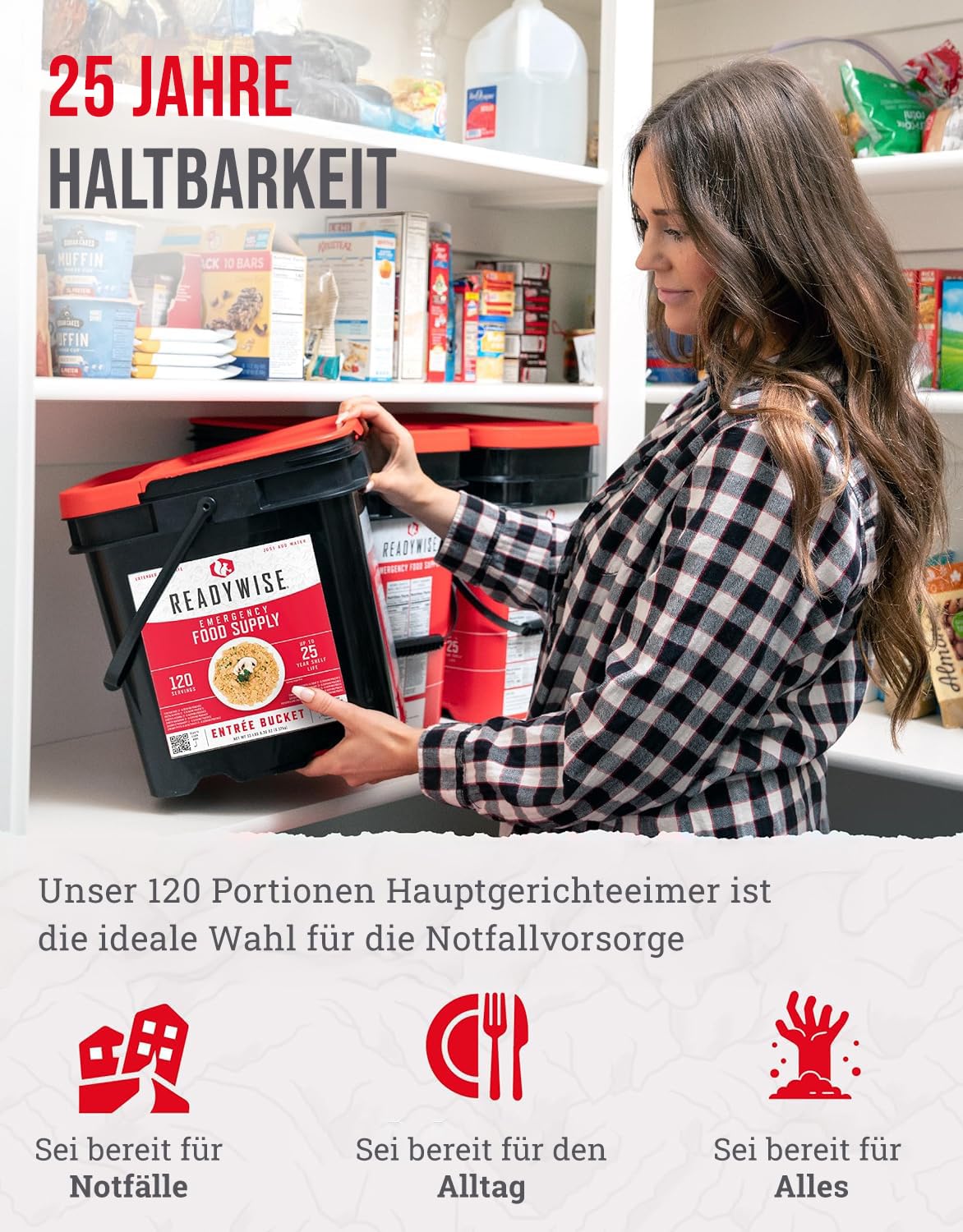 ReadyWise, 120 Portionen, Notration, Mittag- und Abendessen, Grab & Go Eimer, 13 Rezepte, Gefriergetrocknet, Langlebige Lebensmittelversorgung,Bis Zu 25 Jahre Haltbarkeit, 7 Tage für 2 Personen