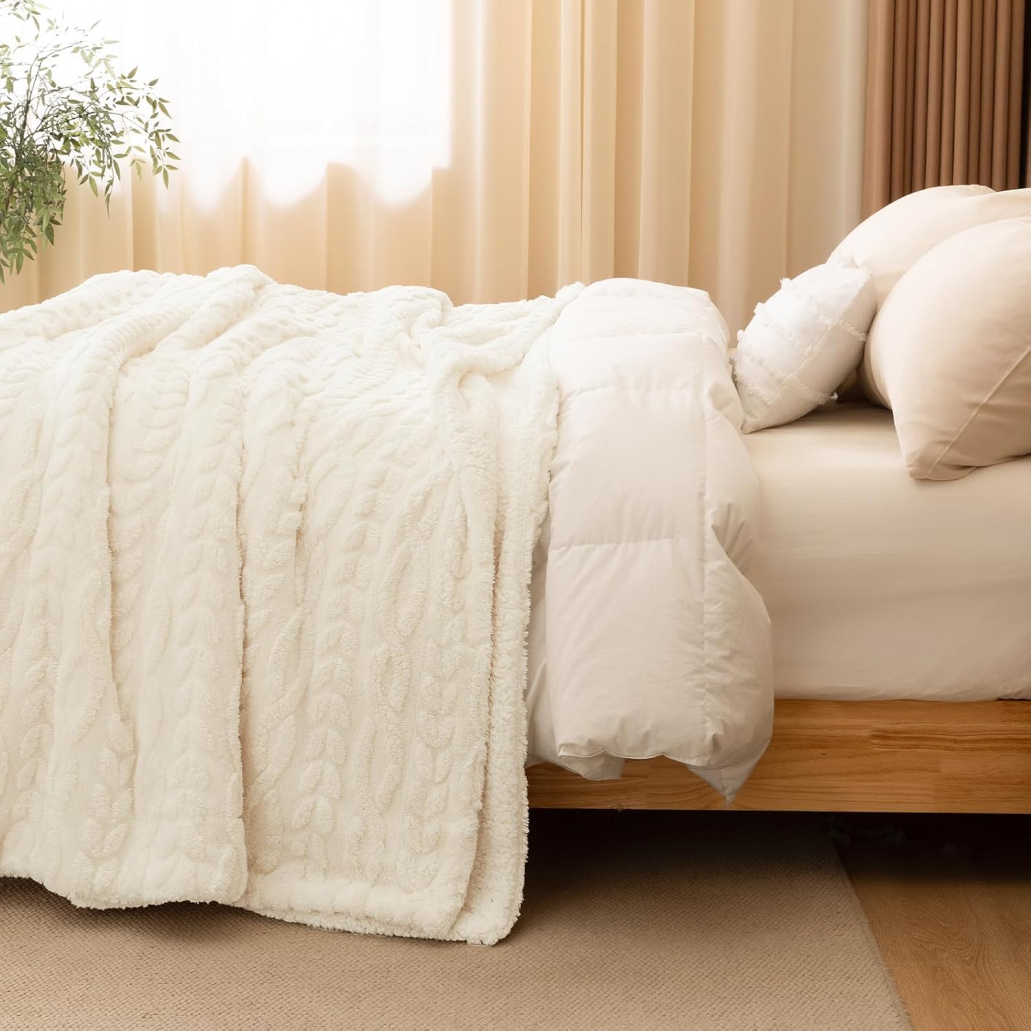 PHF Fluffy Sherpa Blanket Twin Size for Winter, Warm and Soft, 510GSM 3D Jacquard Thick Shaggy Fleece Plush Blanket for Sofa Bed, Cream, 60"x80" - Image 7