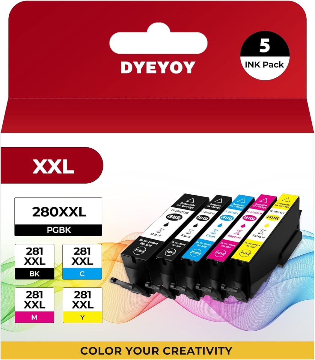 PGI-280XXL/CLI-281XXL Compatible Ink Cartridge Replacement for Canon Ink 280 and 281 Cartridge High Yield Use to PIXMA TR7520 TR8520 TR8500 TR8600 TR8620 TS6120 TS6220 TS9120 (5 Value Pack)