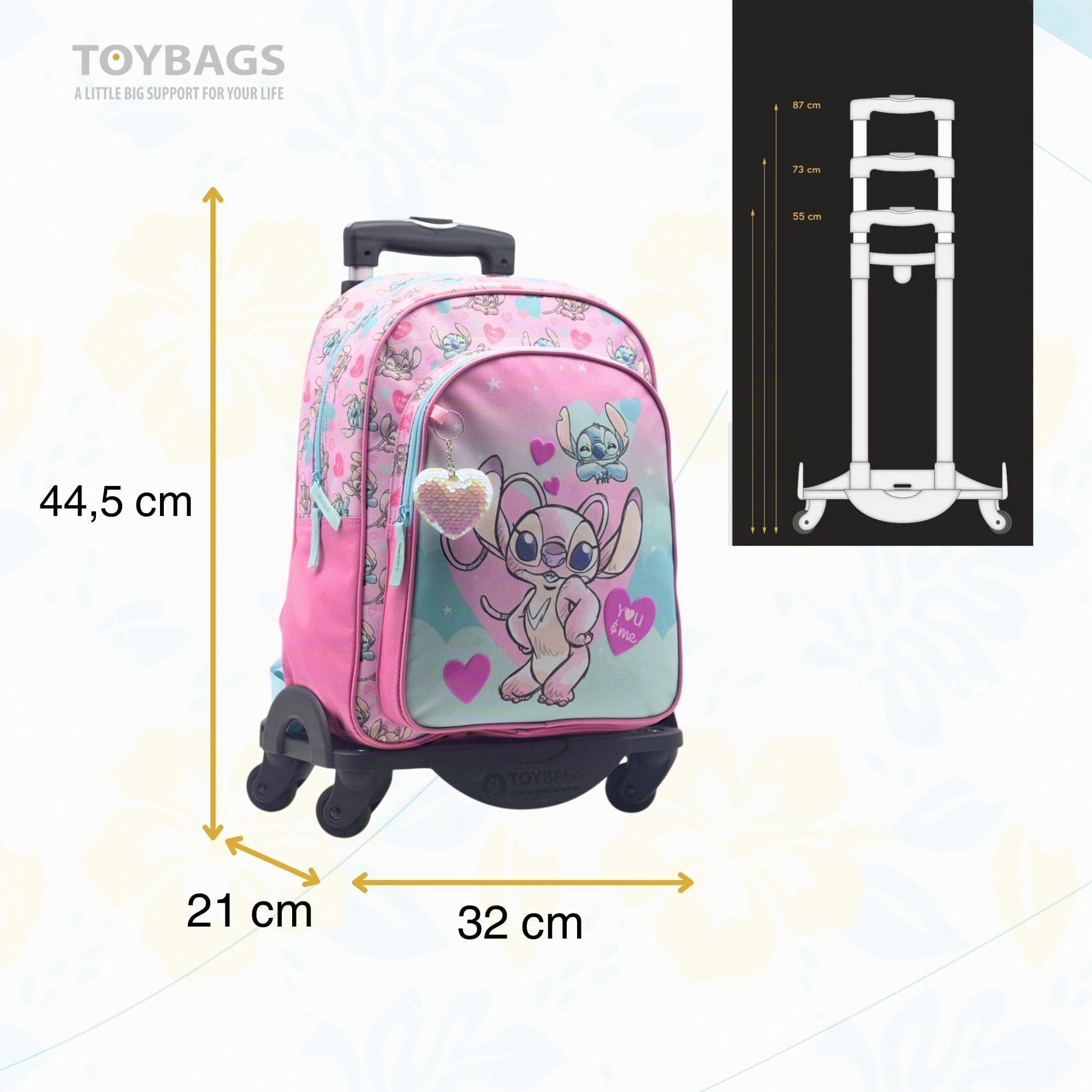Mochila Escolar Angel & Stitch - Doble Compartimento - CON ACCESORIO CORAZON + CARRO NEGRO TOYBAGS CON PROTECCION LATERAL Y STOPER FRONTAL 4 ruedas giratorias - 44.5 X 32 X 21 CM