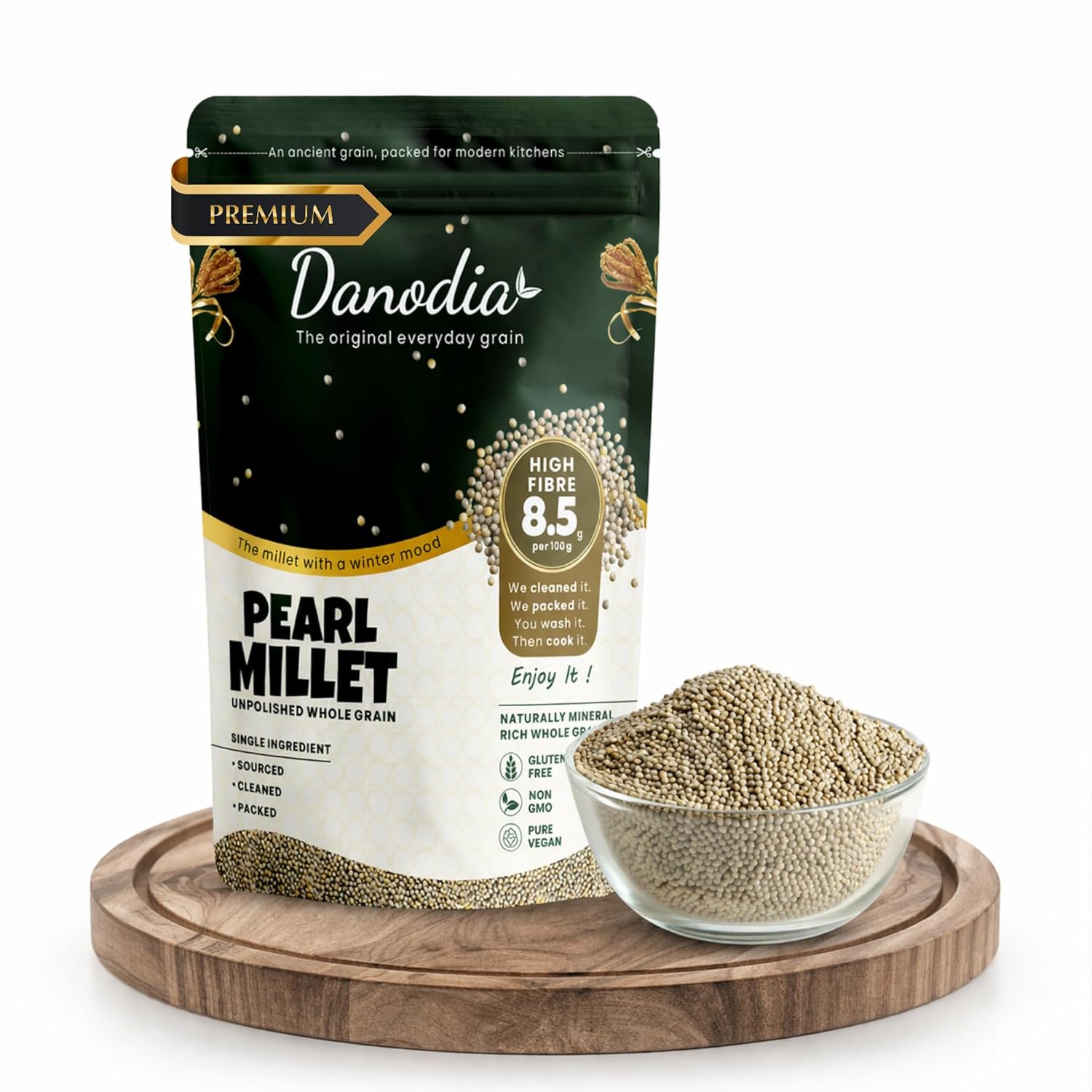 Danodia Foods Organic Pearl Millet (Bajra) (2 lbs | 950g | 33oz) | Unpolished, Whole Grain, Gluten-Free, Hulled Superfood | Natural, Non-GMO, Vegan, High Fiber & Protein |Rotis, Khichdi & Porridge