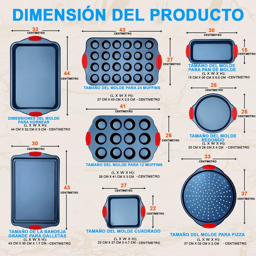 NutriChef juego de 10 moldes, Utensilios horno, Baking set, Reposteria, Antiadherentes, Libres de PFOA, PFOS, PFTEE, Aptos para hornos hasta 230°C (450°F), Mangos de silicona