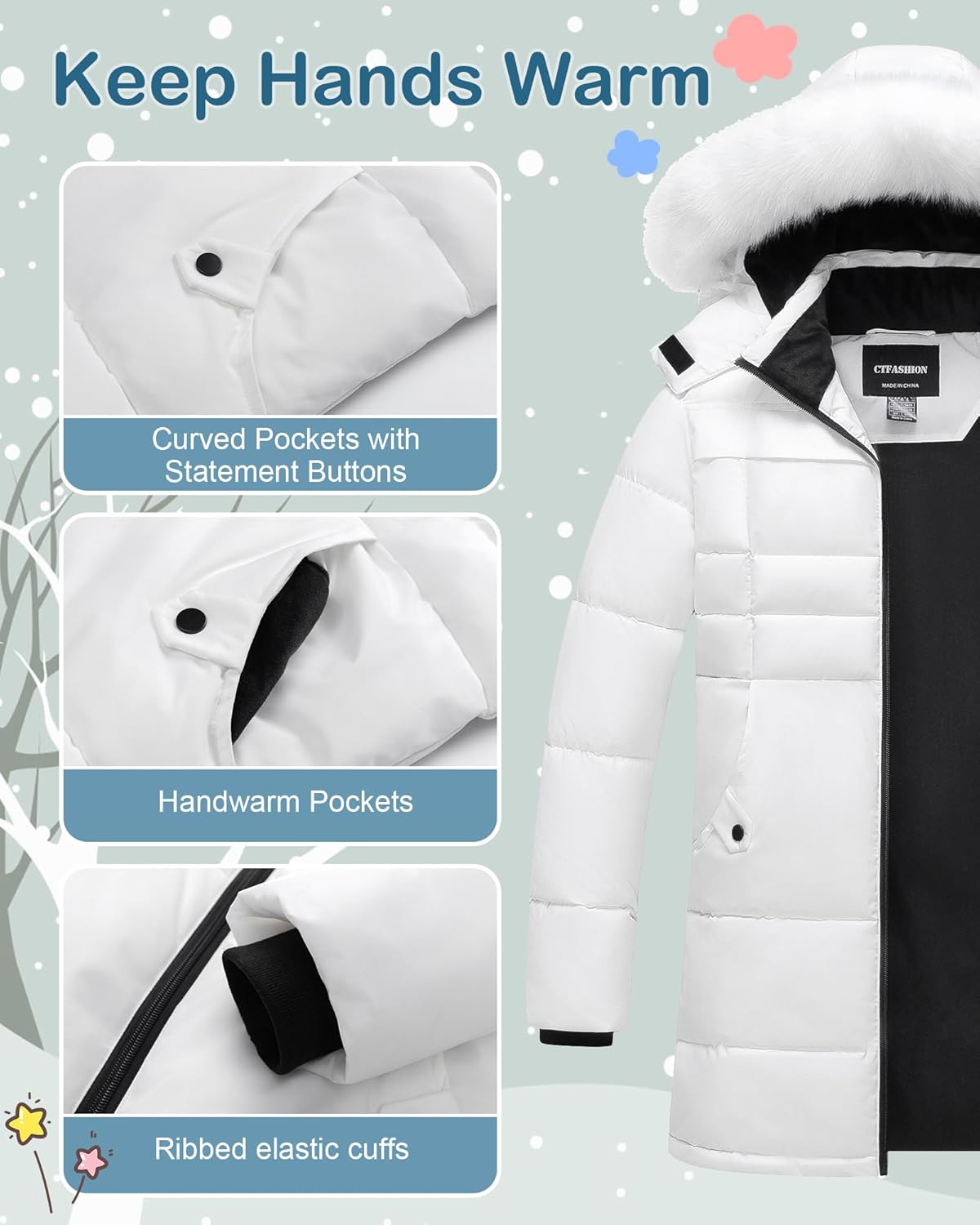Girl's Winter Coat Kids Long Puffer Jacket Waterproof Snow Parka Warm Puffy Dress Coat with Removable Fur Hood - Image 5