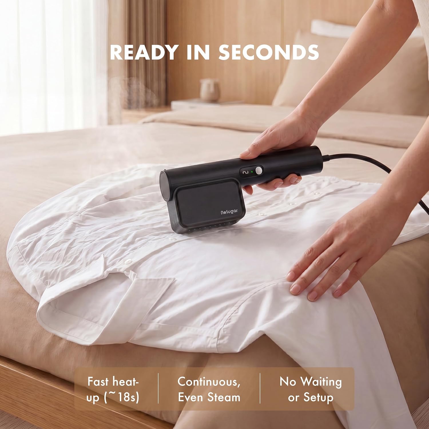 Nesugar G7 Dual Voltage Steamer for Clothes & Iron for Clothes - Mini Garment Steamer - Sleek Profile - Travel-Ready - Compact Size - Ergonomic Design - Quick Heat-Up - All-Garment Use - Black