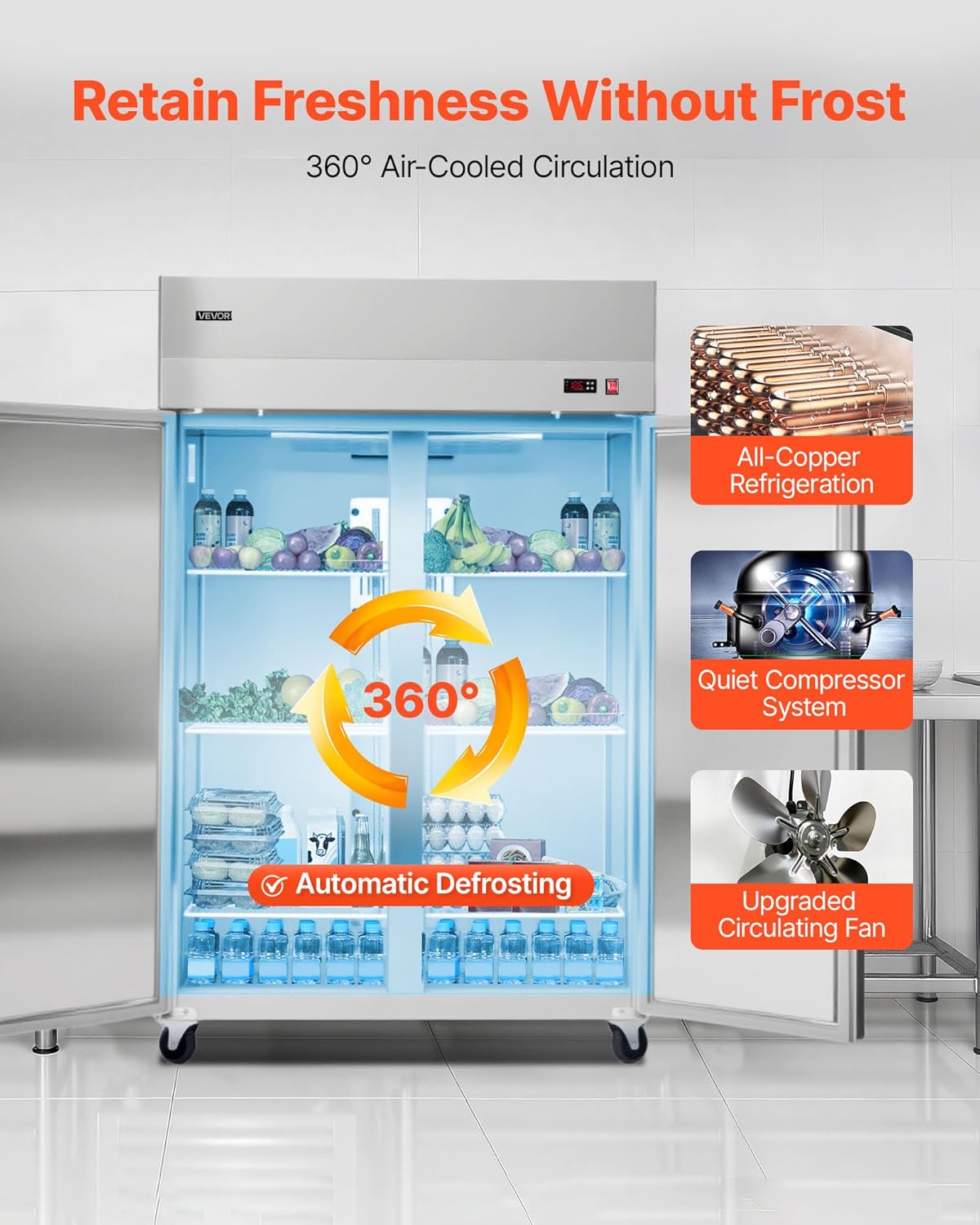 VEVOR Commercial Reach-In Refrigerator 48" W, 33 Cu.Ft Stainless Steel Upright Refrigerator with Double Glass Doors, Auto-Defrost, 6 Adjustable Shelves, 32 to 50℉ Temp Control, UL Certified